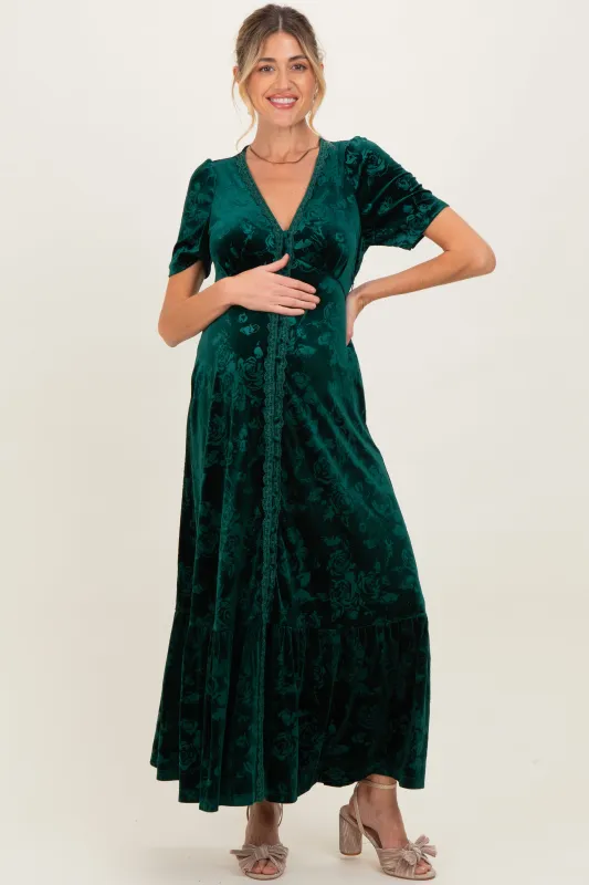 Forest Green Velvet Floral Button Down Maternity Maxi Dress sold by Pinkblush