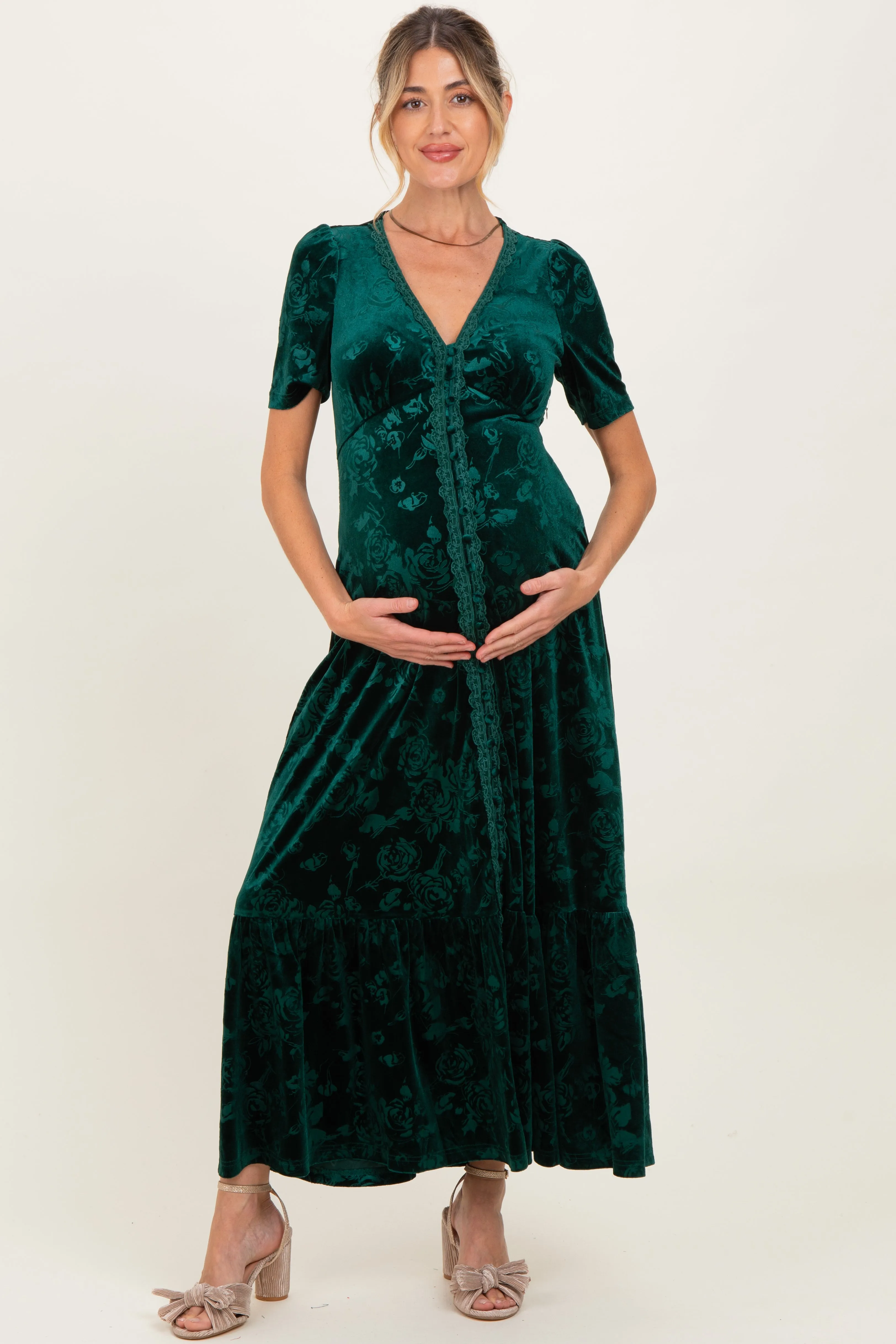 Forest Green Velvet Floral Button Down Maternity Maxi Dress sold by Pinkblush product image thumbnail 2