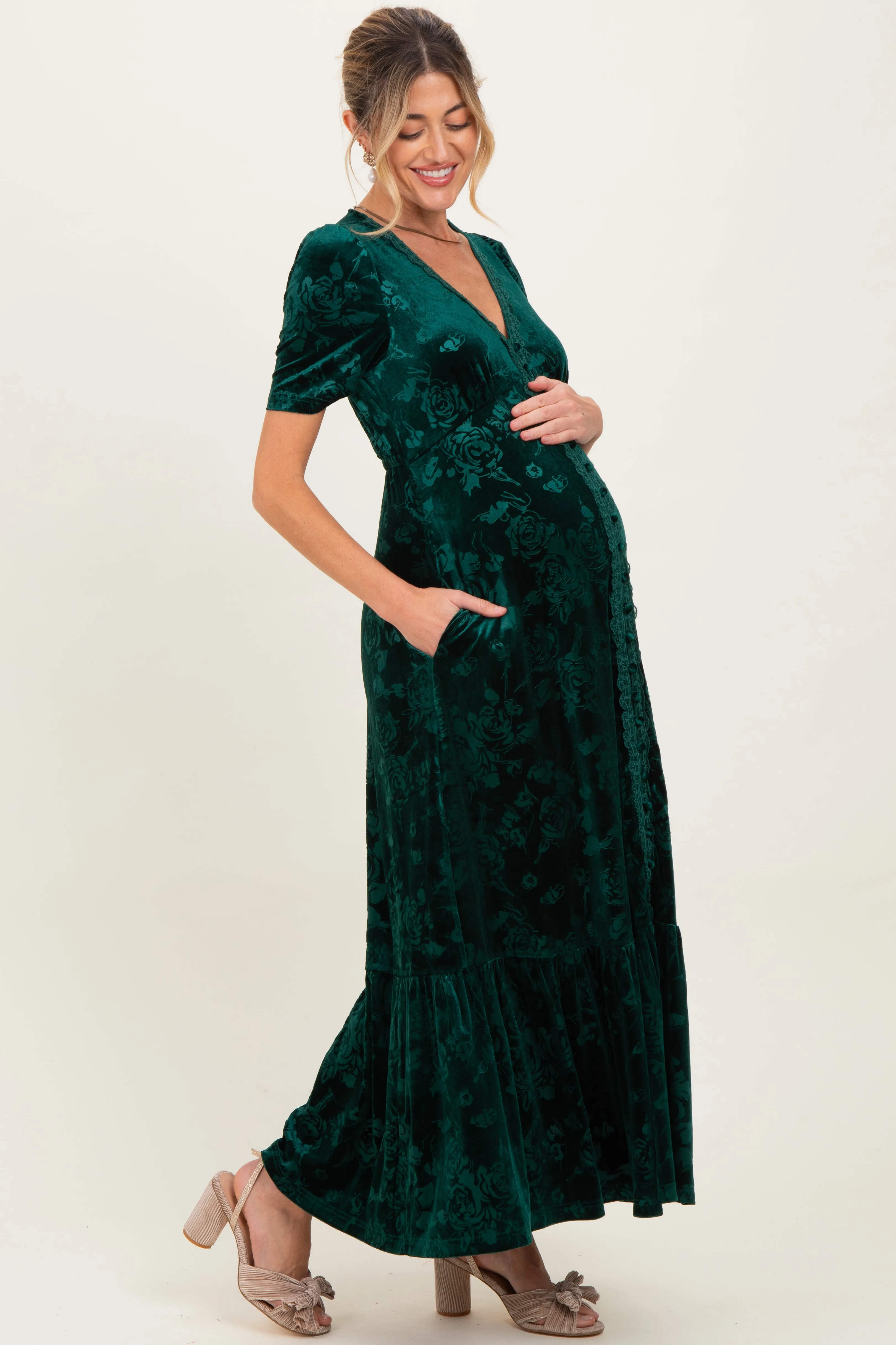 Forest Green Velvet Floral Button Down Maternity Maxi Dress sold by Pinkblush product image thumbnail 3