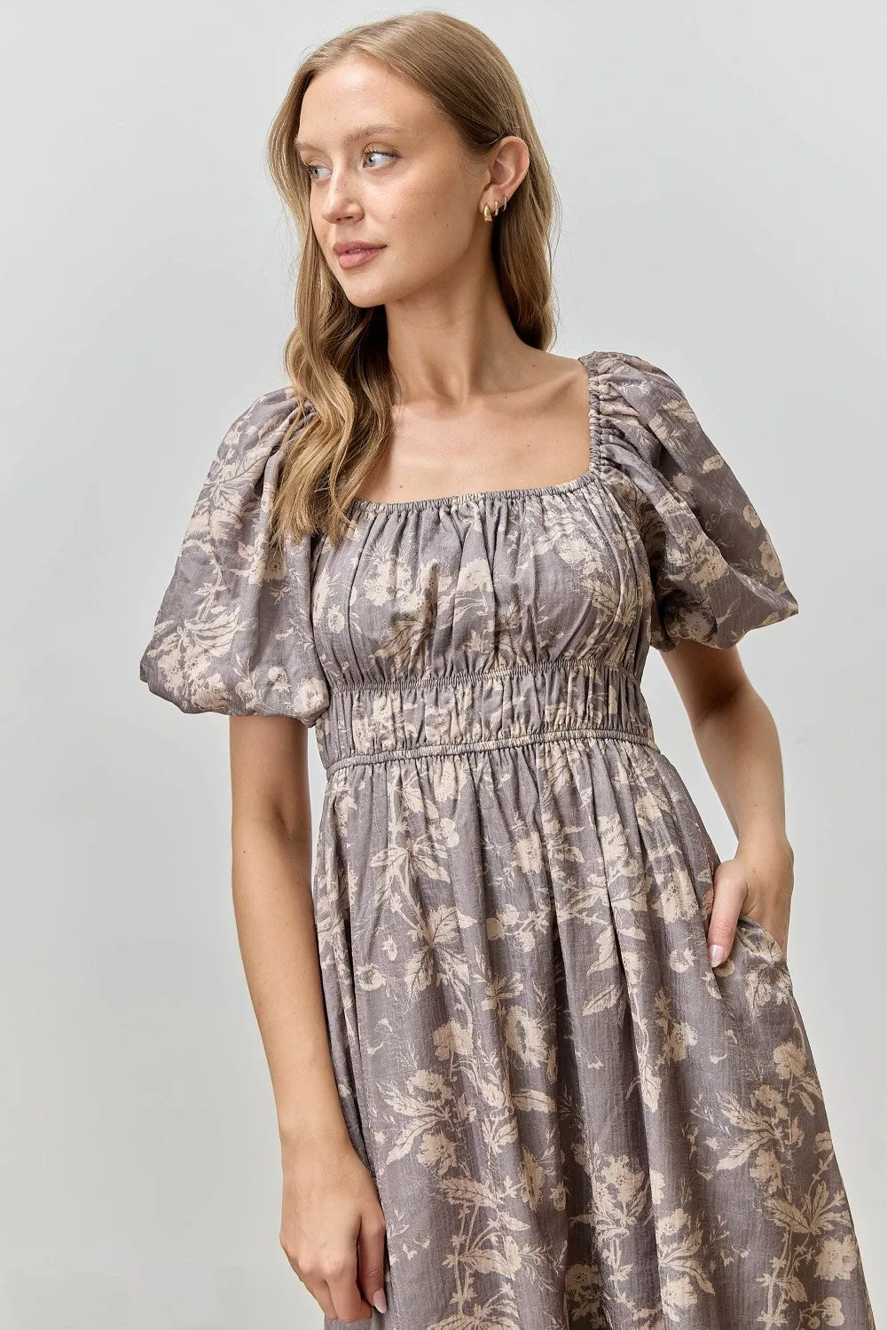 Grey Floral Puff Sleeve Smocked Waist Midi Dress sold by Pinkblush product image thumbnail 4