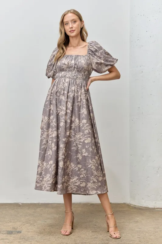 Grey Floral Puff Sleeve Smocked Waist Midi Dress sold by Pinkblush