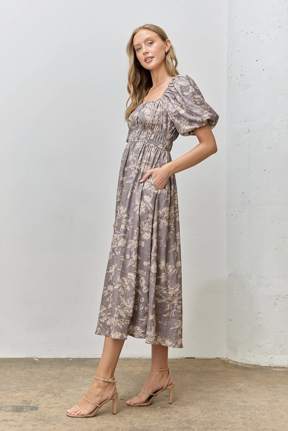 Grey Floral Puff Sleeve Smocked Waist Midi Dress sold by Pinkblush product image thumbnail 2