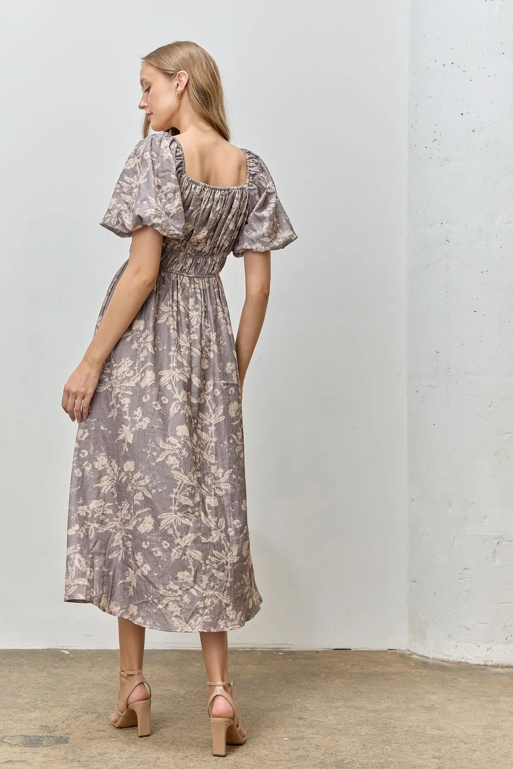 Grey Floral Puff Sleeve Smocked Waist Midi Dress sold by Pinkblush product image thumbnail 3