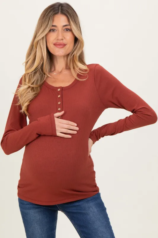 Rust Solid Ribbed Long Sleeve Button Down Maternity Tunic Top sold by Pinkblush