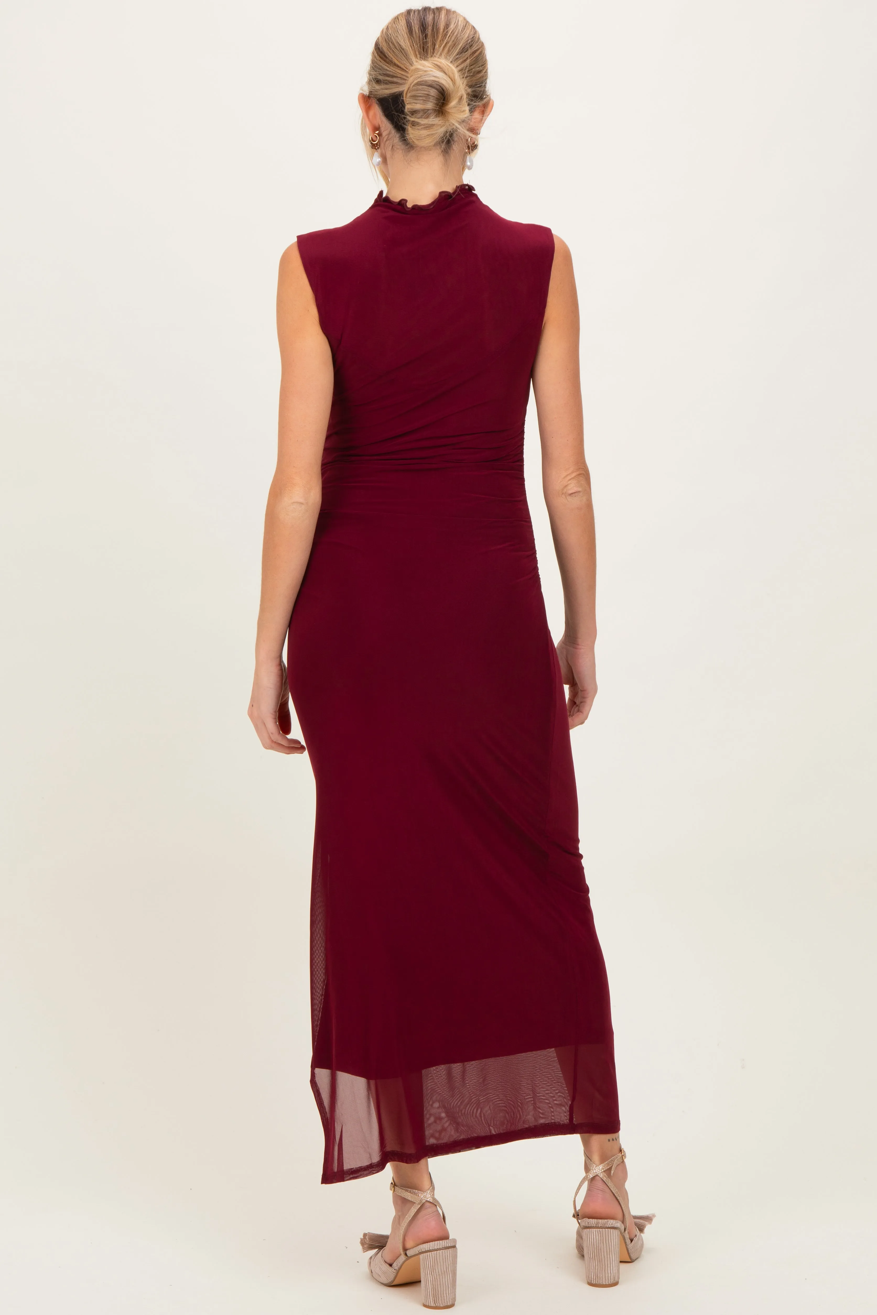 Burgundy Mock Neck Ruched Mesh Maternity Midi Dress sold by Pinkblush product image thumbnail 4
