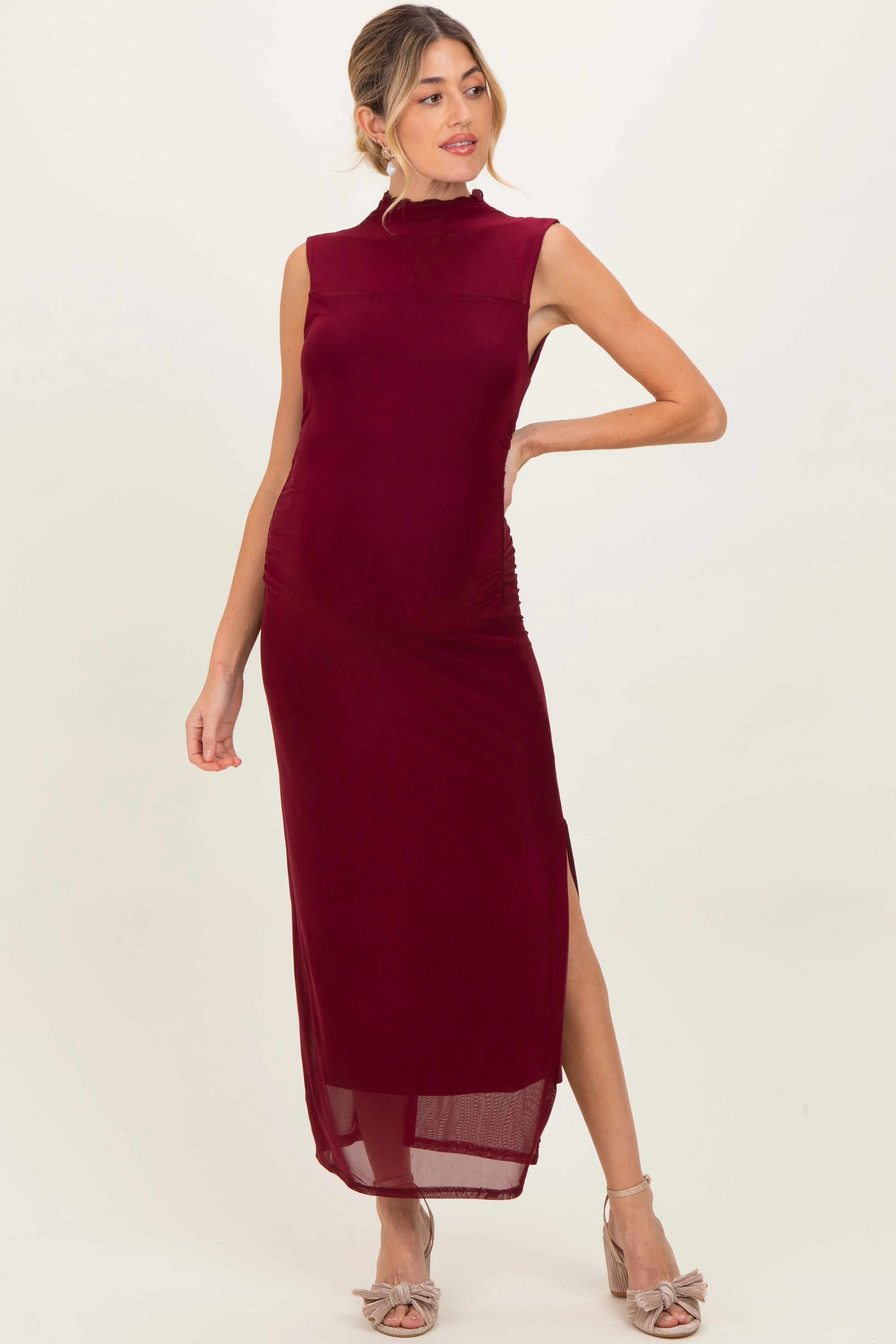 Burgundy Mock Neck Ruched Mesh Maternity Midi Dress sold by Pinkblush