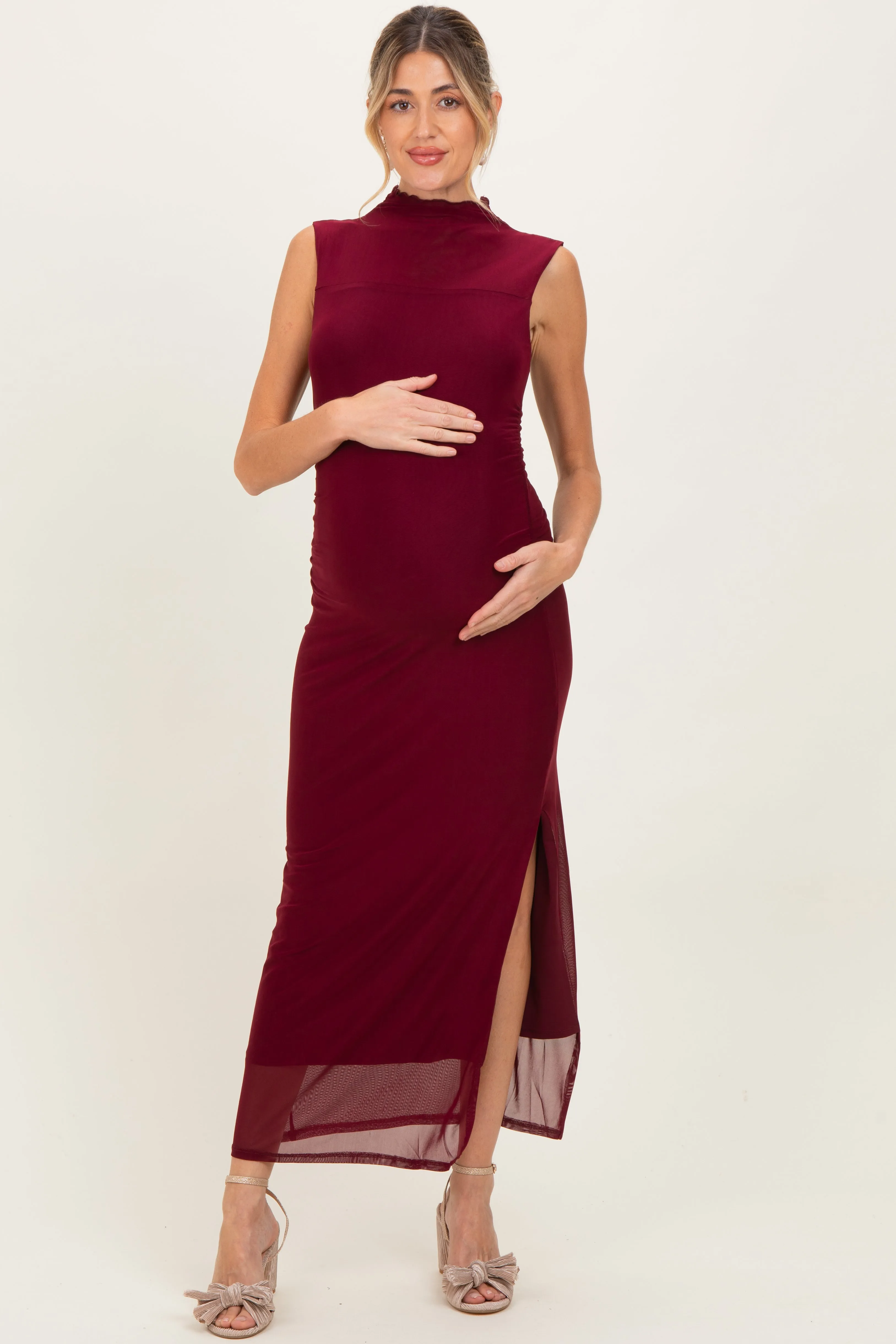 Burgundy Mock Neck Ruched Mesh Maternity Midi Dress sold by Pinkblush product image thumbnail 3