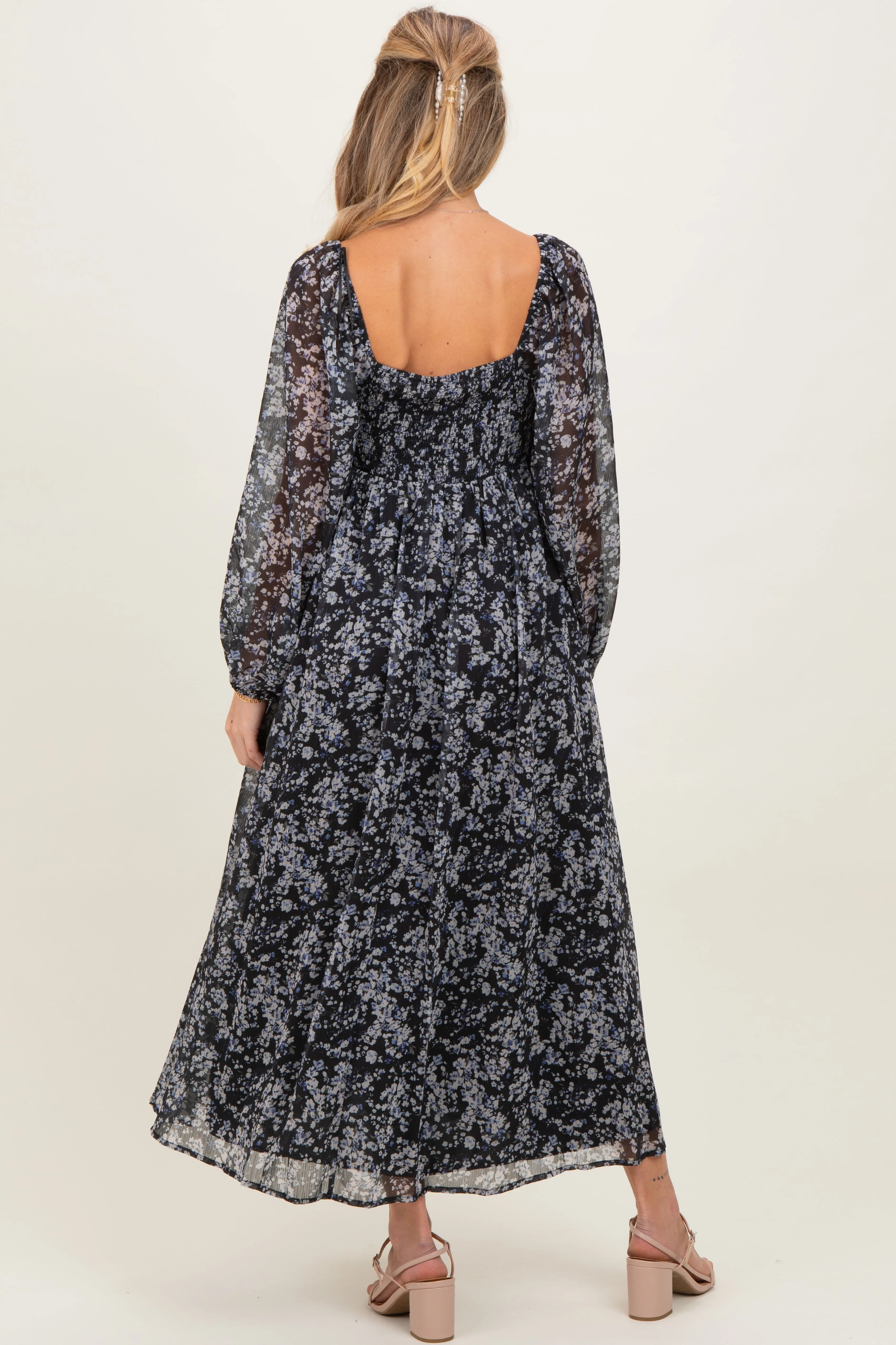 Black Floral Chiffon Twisted Front Maternity Midi Dress sold by Pinkblush product image thumbnail 3