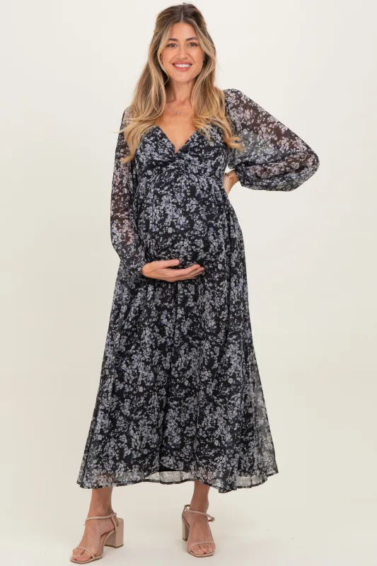 Black Floral Chiffon Twisted Front Maternity Midi Dress sold by Pinkblush