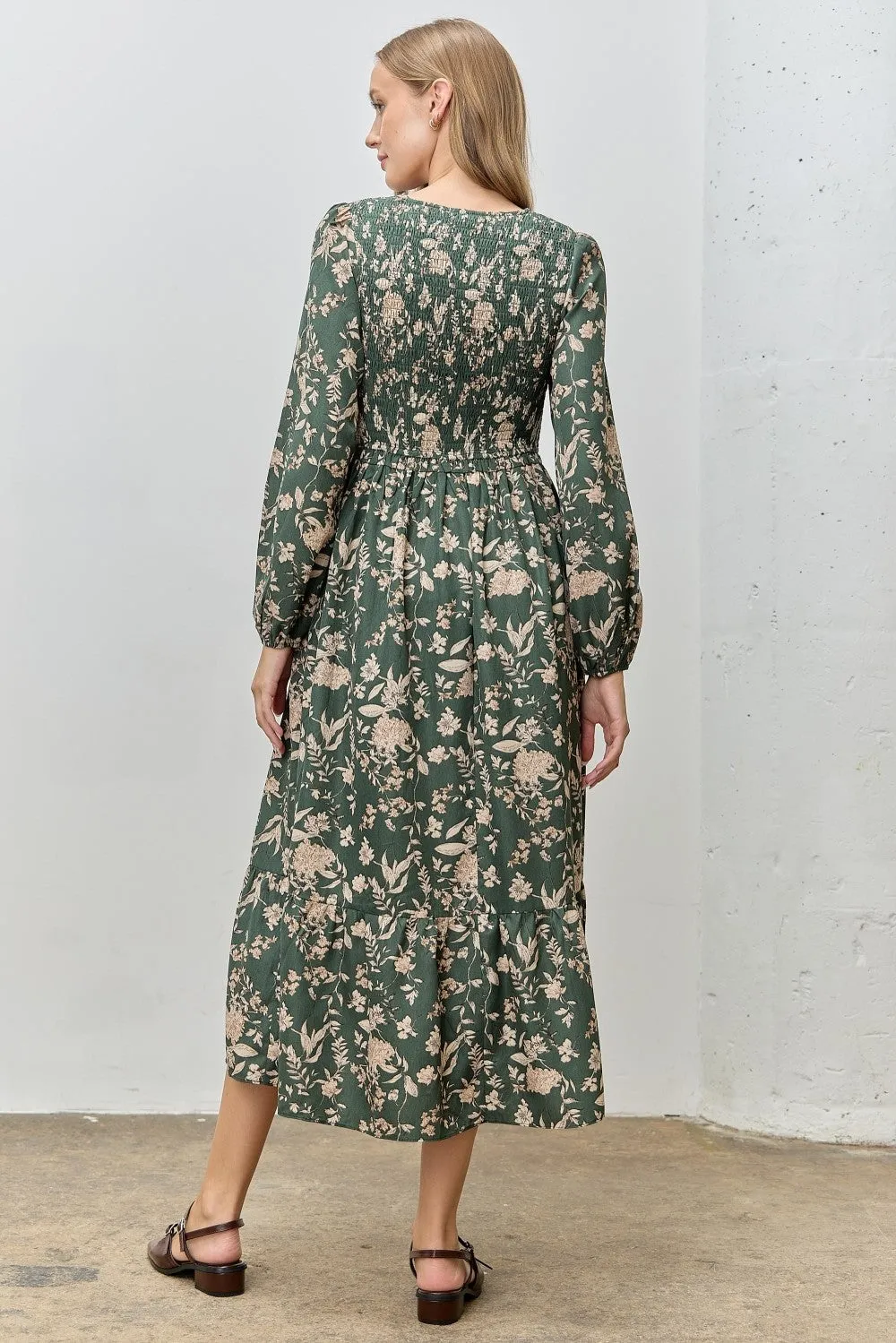 Green Floral Smocked Long Sleeve Midi Dress sold by Pinkblush product image thumbnail 3