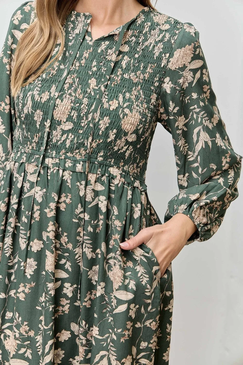 Green Floral Smocked Long Sleeve Midi Dress sold by Pinkblush product image thumbnail 4