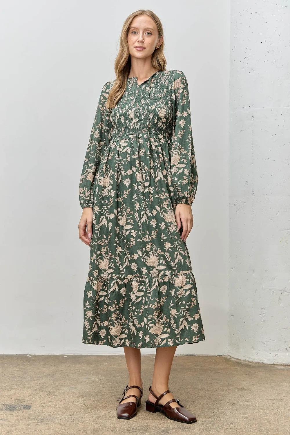 Green Floral Smocked Long Sleeve Midi Dress sold by Pinkblush