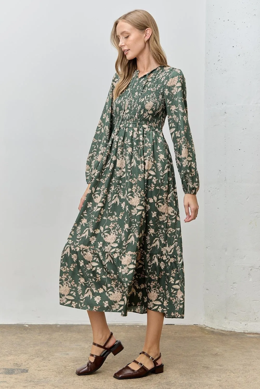 Green Floral Smocked Long Sleeve Midi Dress sold by Pinkblush product image thumbnail 2