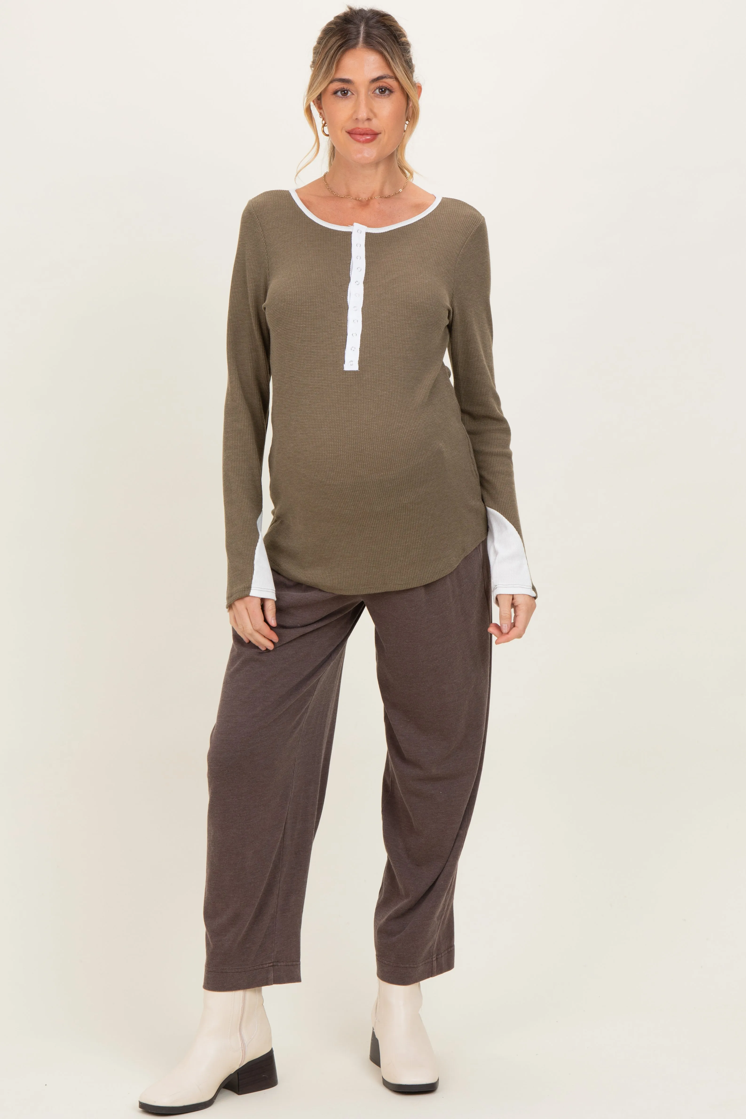 Olive Colorblock Snap Button Maternity Henley sold by Pinkblush product image thumbnail 2