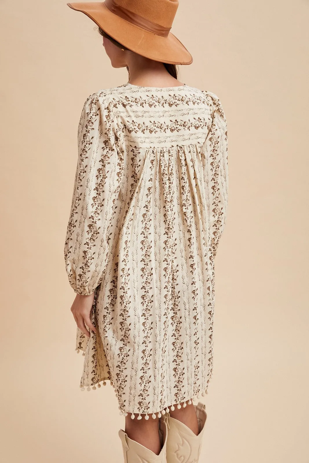 Brown Floral Pom Accent Hem Long Sleeve Dress sold by Pinkblush product image thumbnail 4