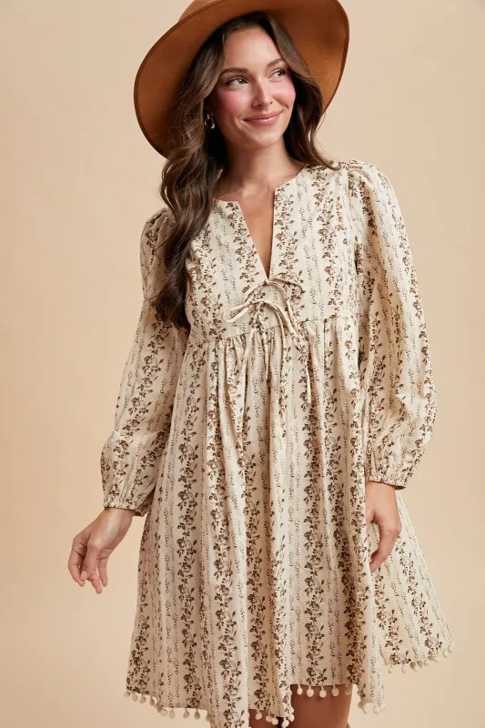 Brown Floral Pom Accent Hem Long Sleeve Dress sold by Pinkblush