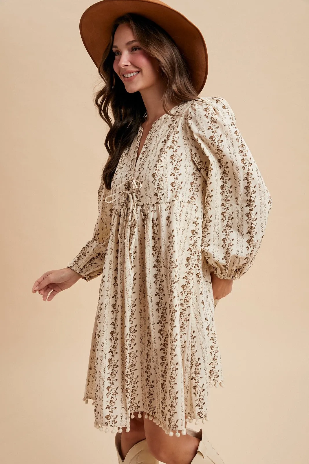 Brown Floral Pom Accent Hem Long Sleeve Dress sold by Pinkblush product image thumbnail 2
