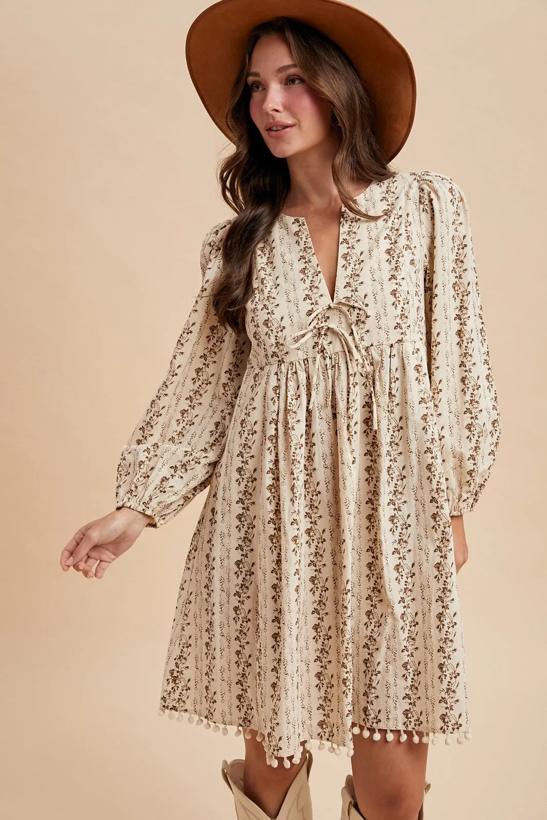 Brown Floral Pom Accent Hem Long Sleeve Dress sold by Pinkblush product image thumbnail 3