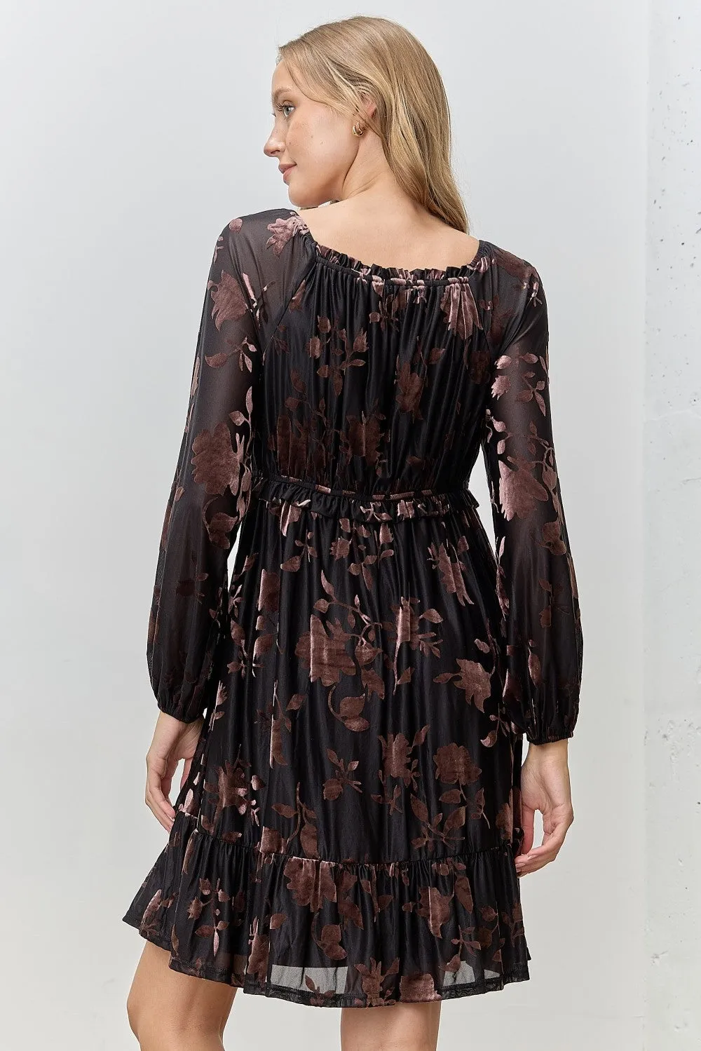 Black Floral Velvet Ruffle Accent Dress sold by Pinkblush product image thumbnail 4