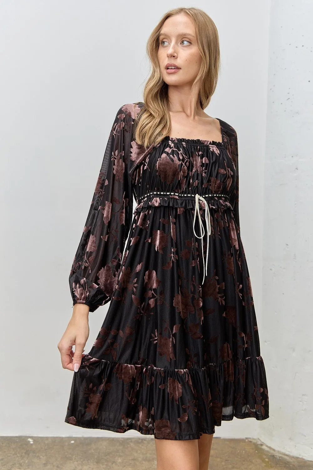 Black Floral Velvet Ruffle Accent Dress sold by Pinkblush product image thumbnail 2