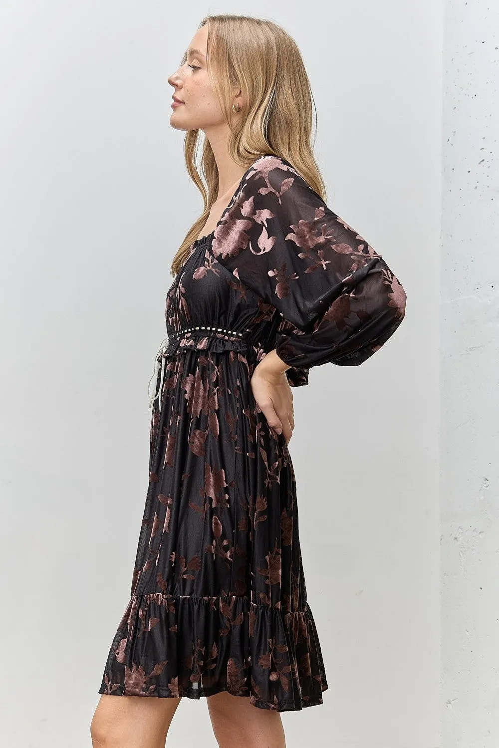 Black Floral Velvet Ruffle Accent Dress sold by Pinkblush product image thumbnail 3