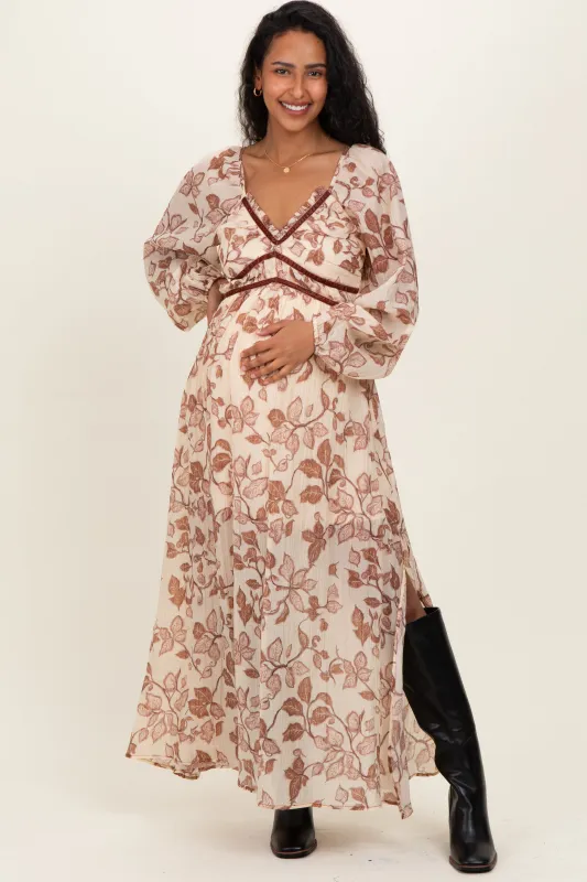 Cream Floral V-Neck Velvet Trim Maternity Maxi Dress sold by Pinkblush