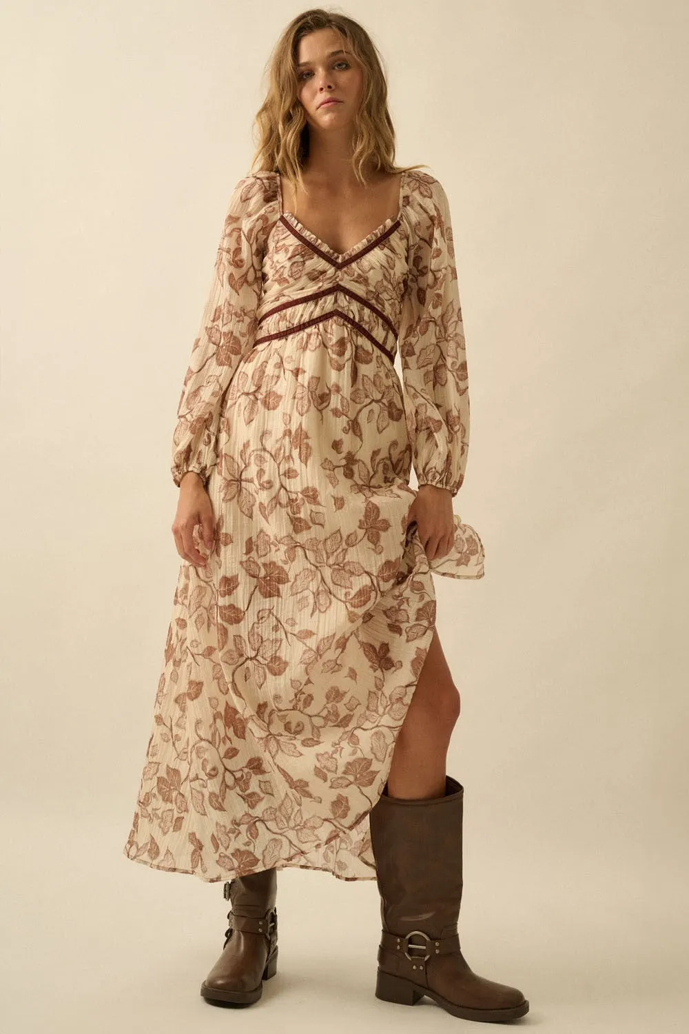 Cream Floral V-Neck Velvet Trim Maternity Maxi Dress sold by Pinkblush product image thumbnail 5