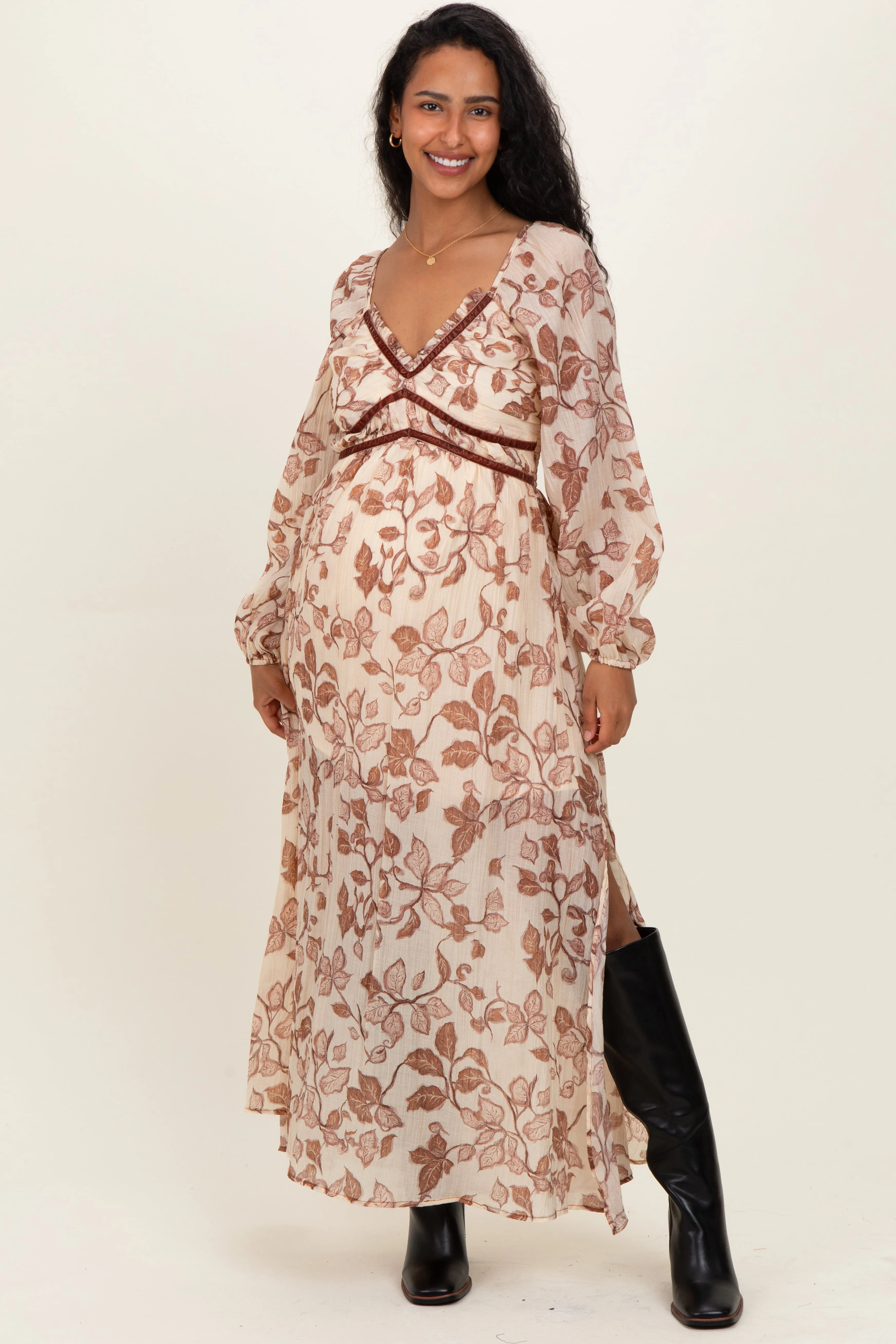 Cream Floral V-Neck Velvet Trim Maternity Maxi Dress sold by Pinkblush product image thumbnail 2