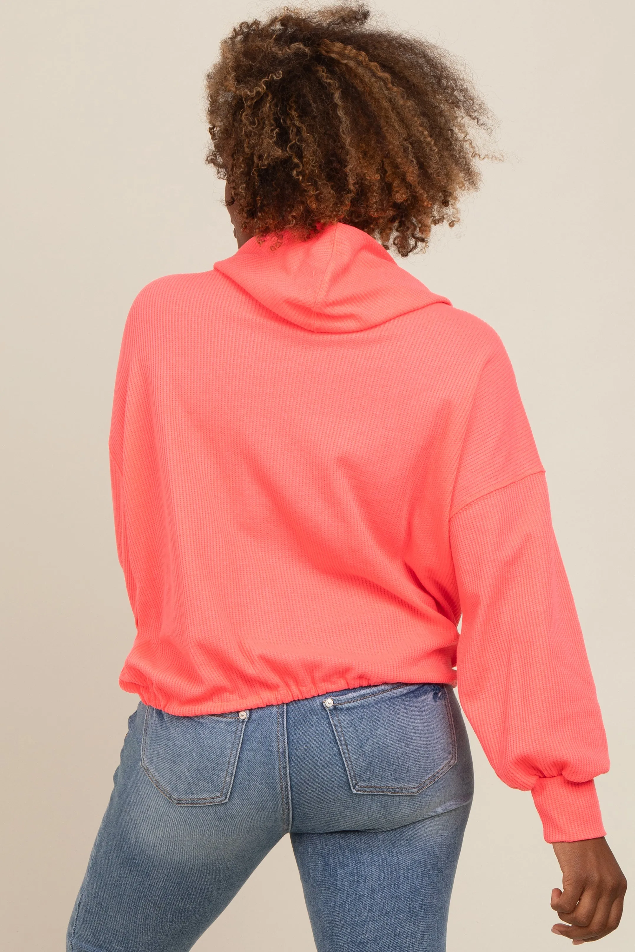 Coral Waffle Knit Half Zip Relaxed Fit Hoodie sold by Pinkblush product image thumbnail 2