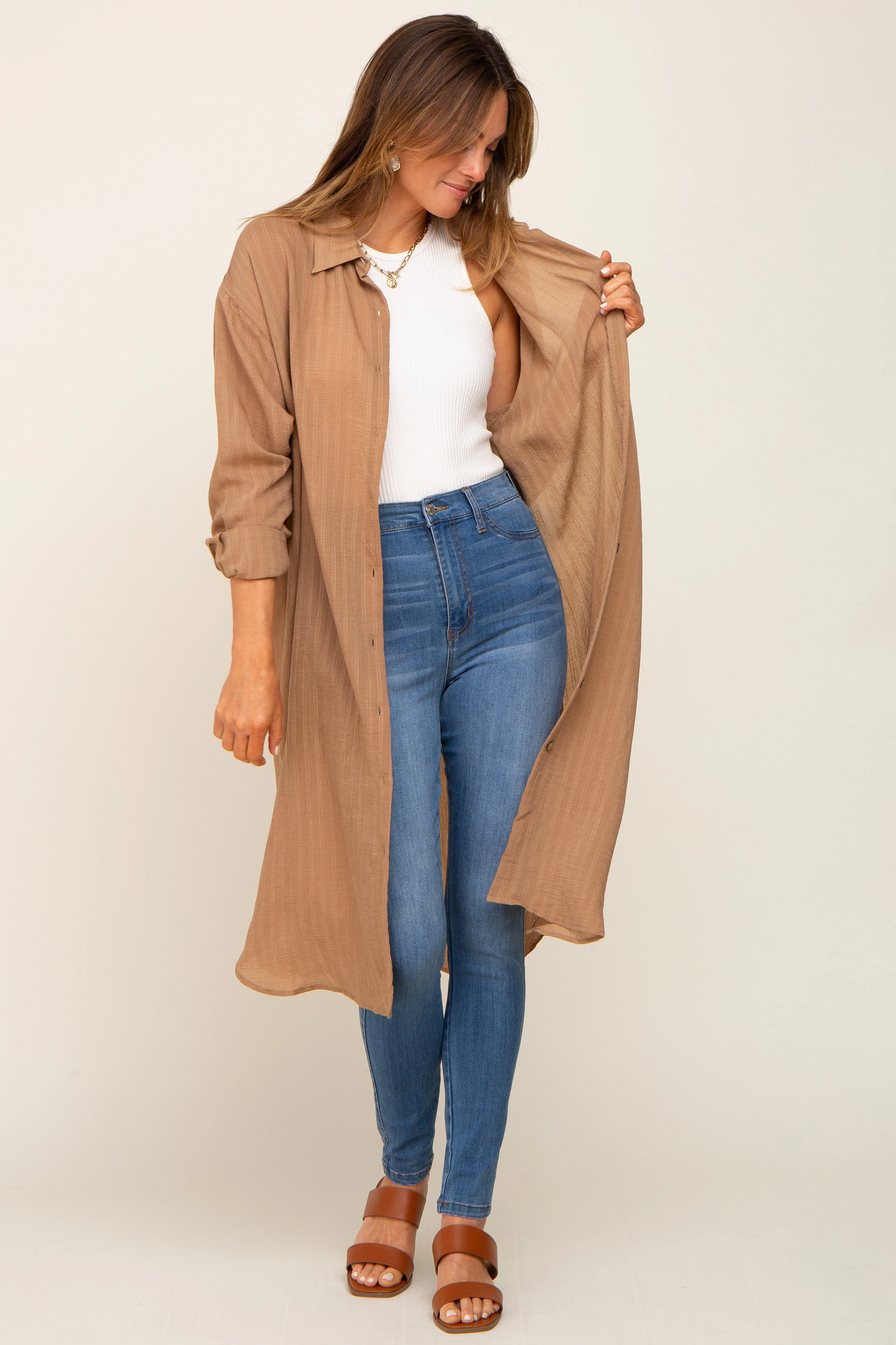 Taupe Striped Lightweight Button Down Top sold by Pinkblush product image thumbnail 5