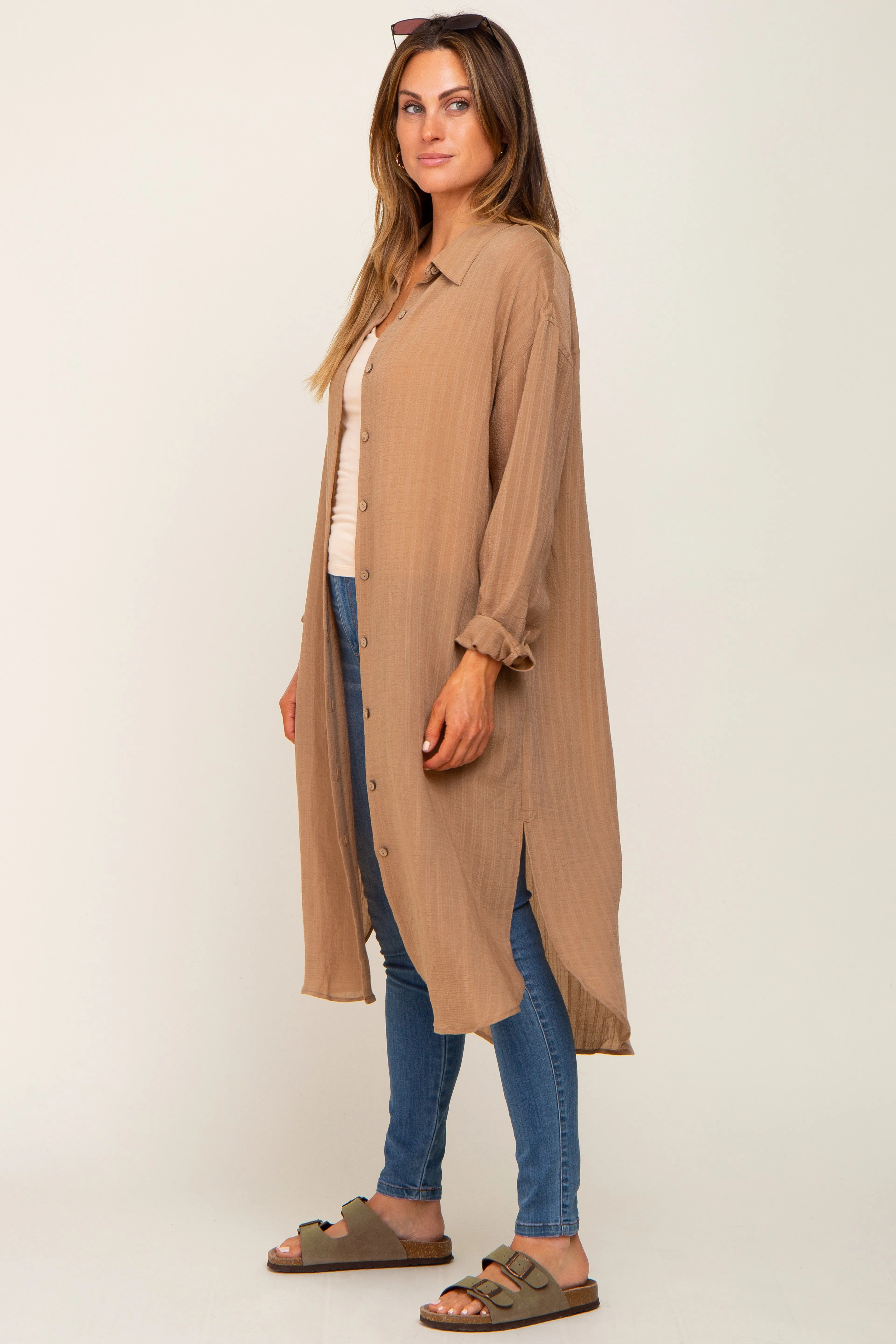 Taupe Striped Lightweight Button Down Top sold by Pinkblush product image thumbnail 2