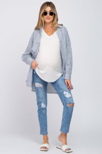 Grey Striped Button Up Maternity Top sold by Pinkblush