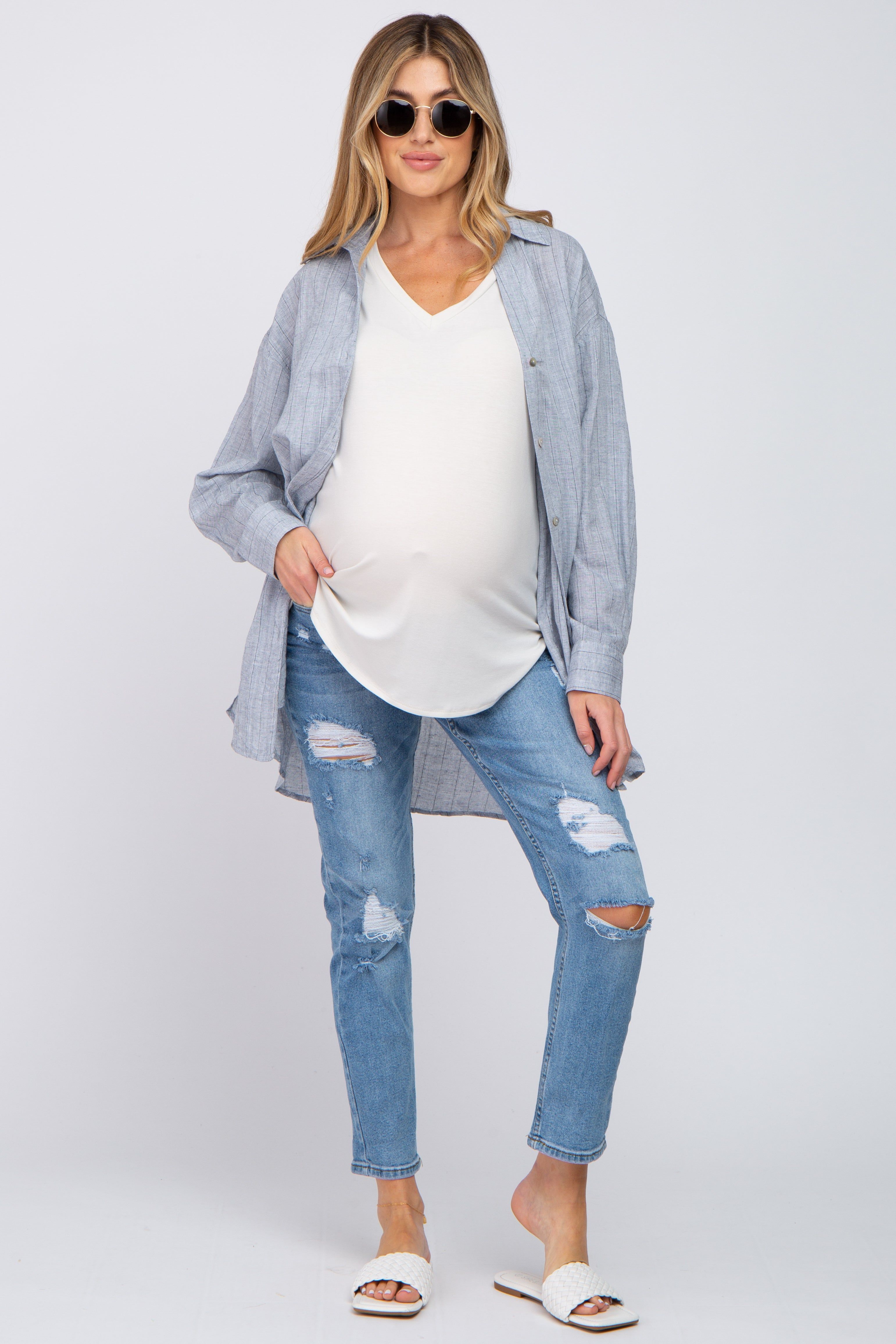 Grey Striped Button Up Maternity Top sold by Pinkblush product image thumbnail 4