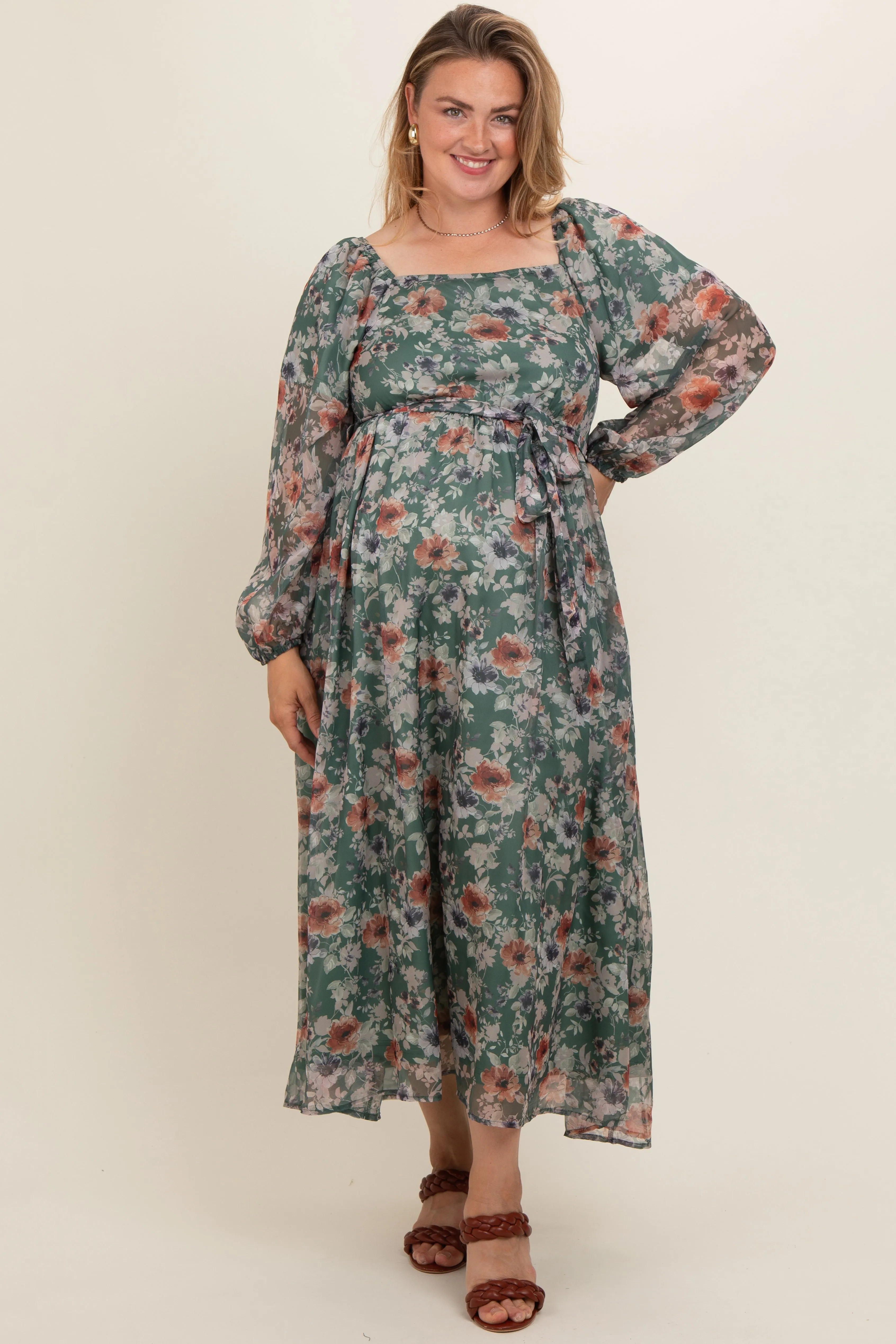 Light Olive Floral Long Sleeve Maternity Plus Maxi Dress sold by Pinkblush product image thumbnail 2
