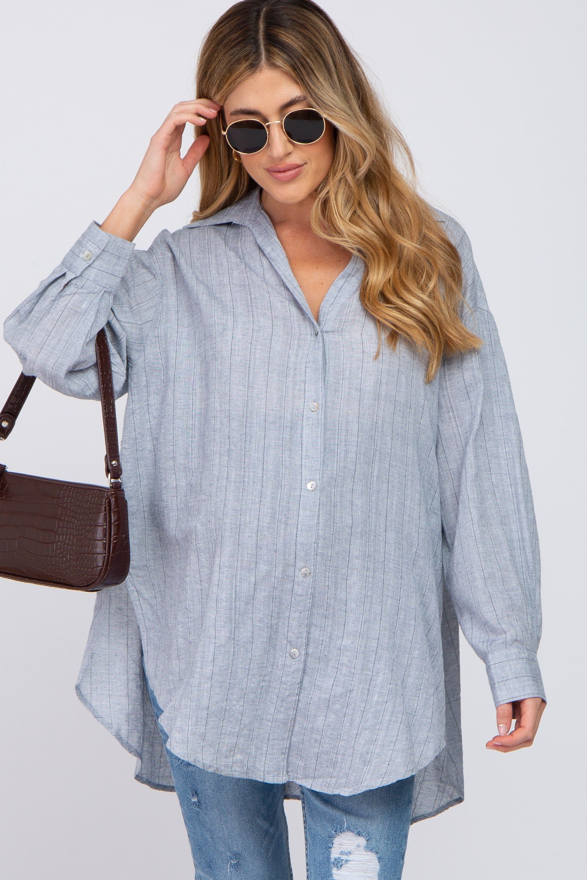 Grey Striped Button Up Maternity Top sold by Pinkblush