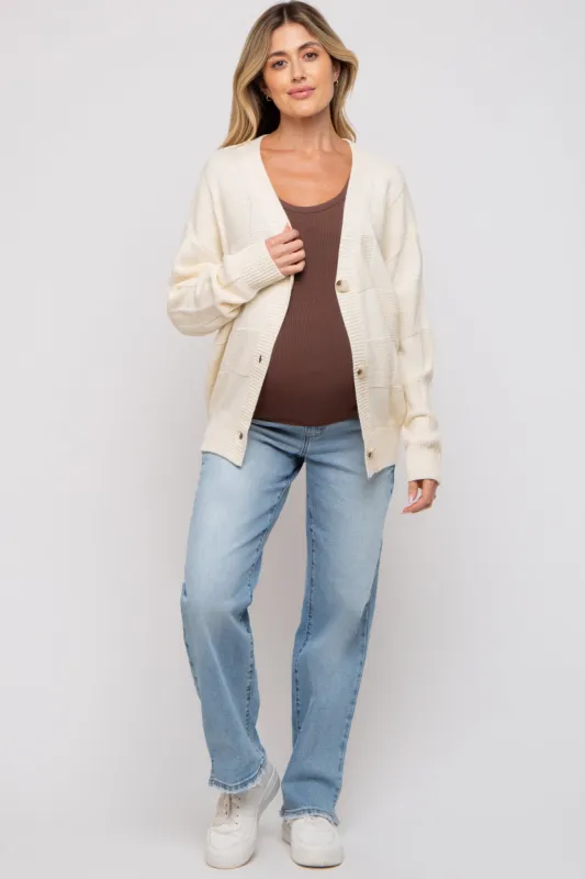 Cream Checkered Knit Button Front Maternity Cardigan sold by Pinkblush