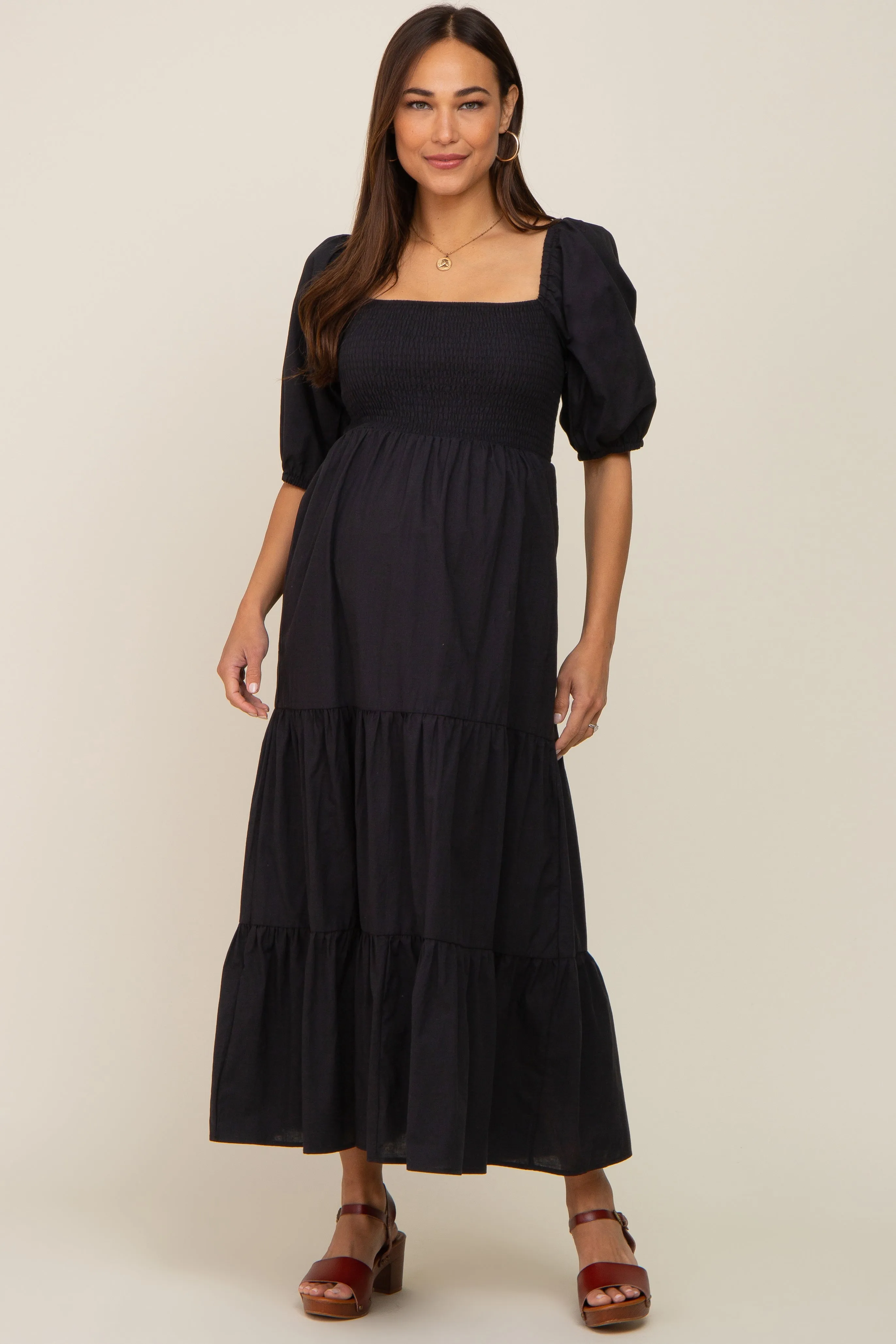 Black Square Neck Smocked Tiered Maternity Maxi Dress sold by Pinkblush product image thumbnail 2