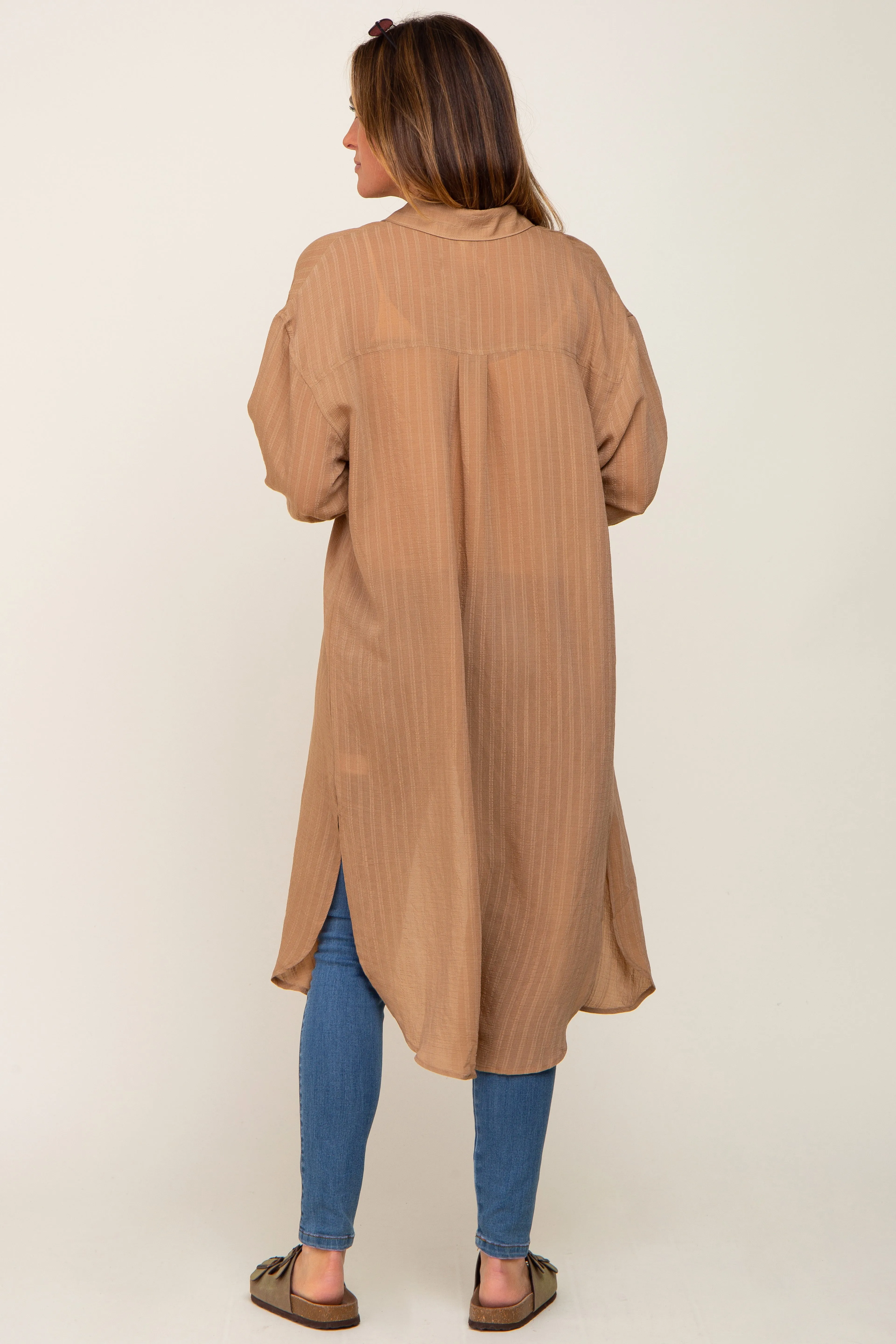 Taupe Striped Lightweight Button Down Top sold by Pinkblush product image thumbnail 3