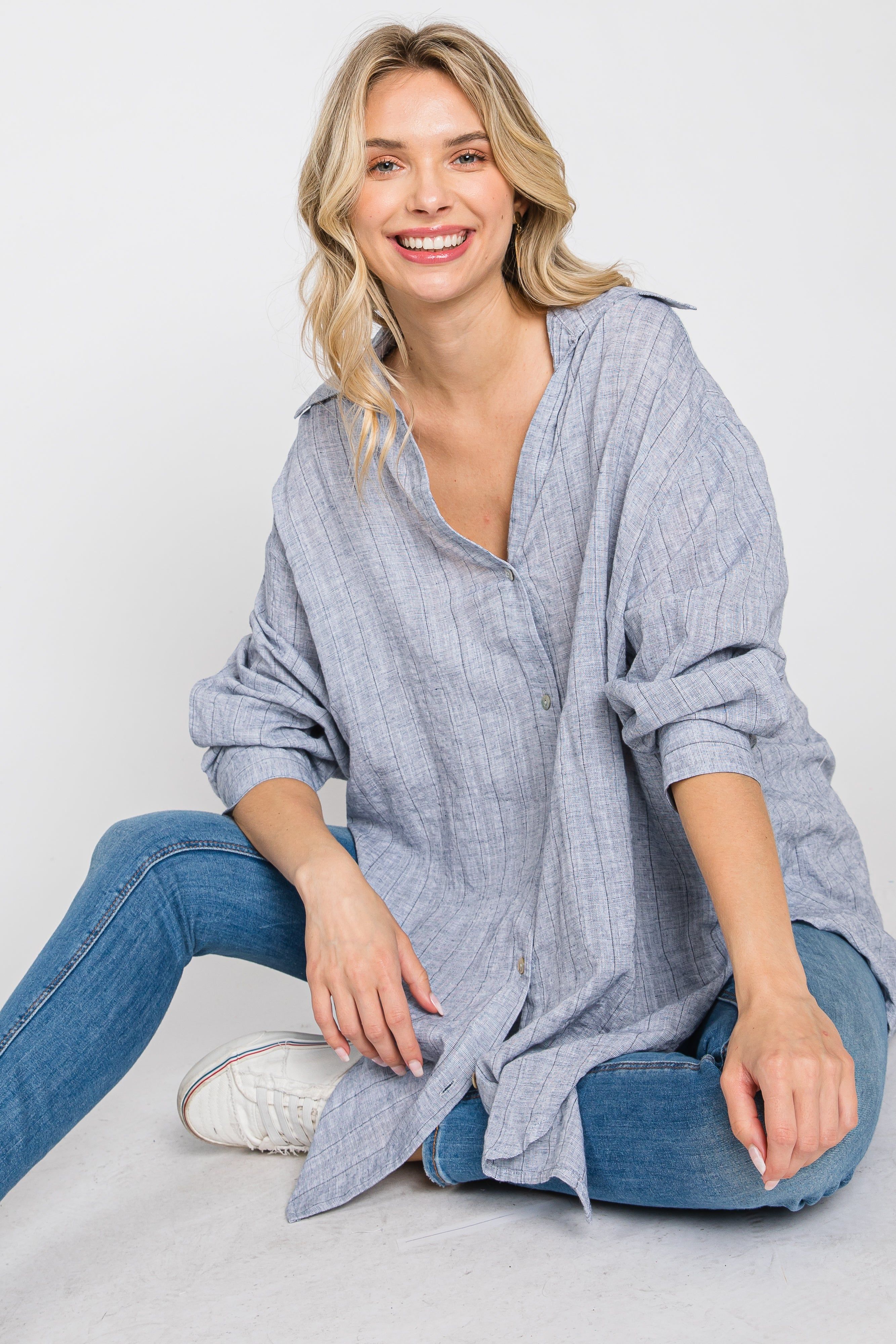 Grey Striped Button Up Maternity Top sold by Pinkblush product image thumbnail 5