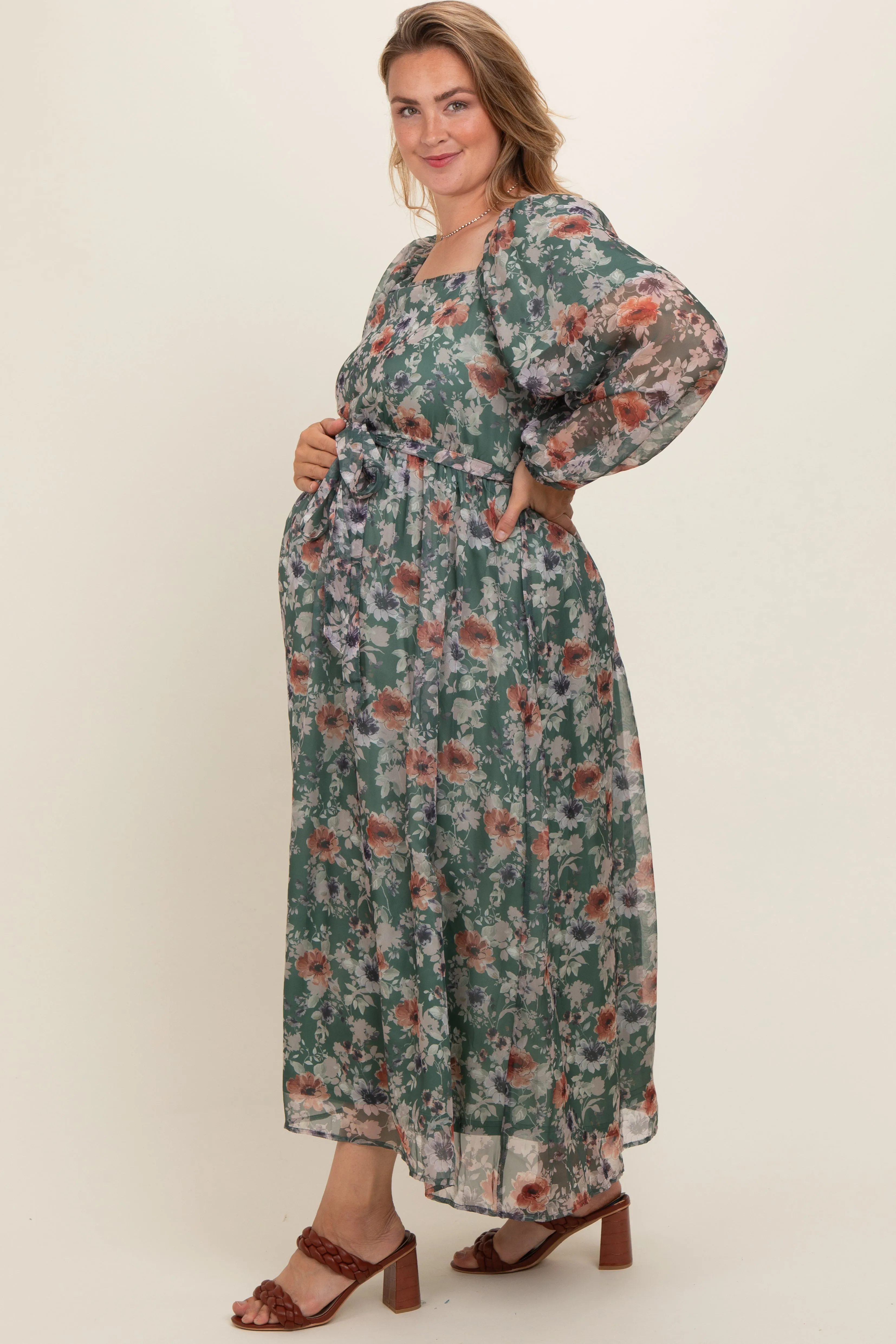 Light Olive Floral Long Sleeve Maternity Plus Maxi Dress sold by Pinkblush product image thumbnail 3