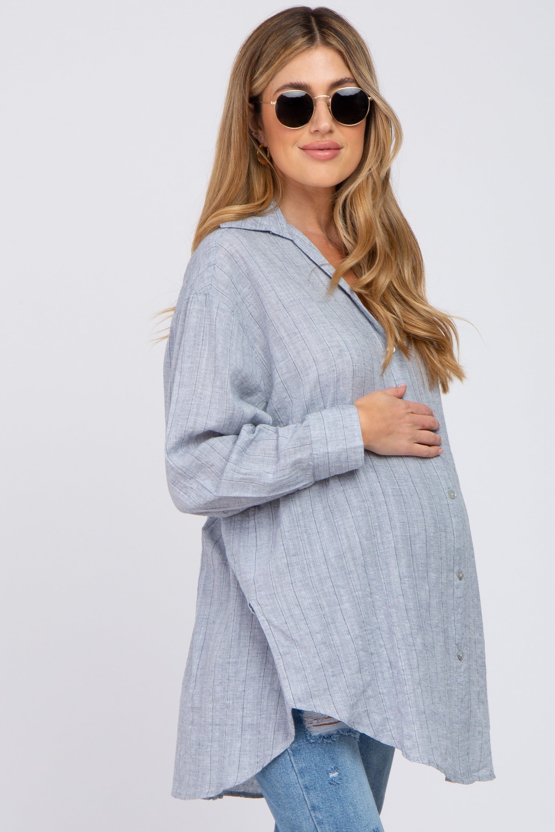 Grey Striped Button Up Maternity Top sold by Pinkblush product image thumbnail 2