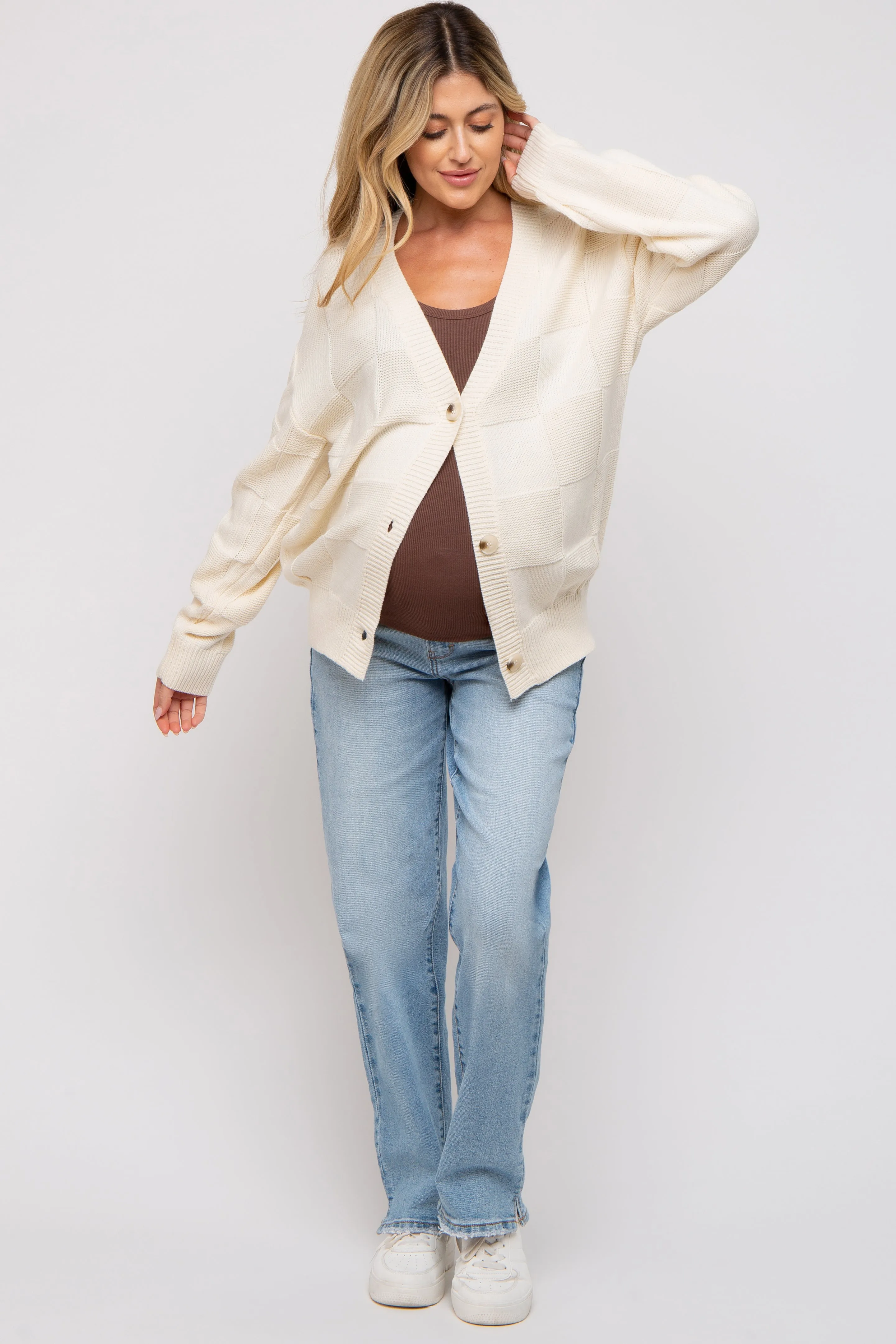 Cream Checkered Knit Button Front Maternity Cardigan sold by Pinkblush product image thumbnail 5