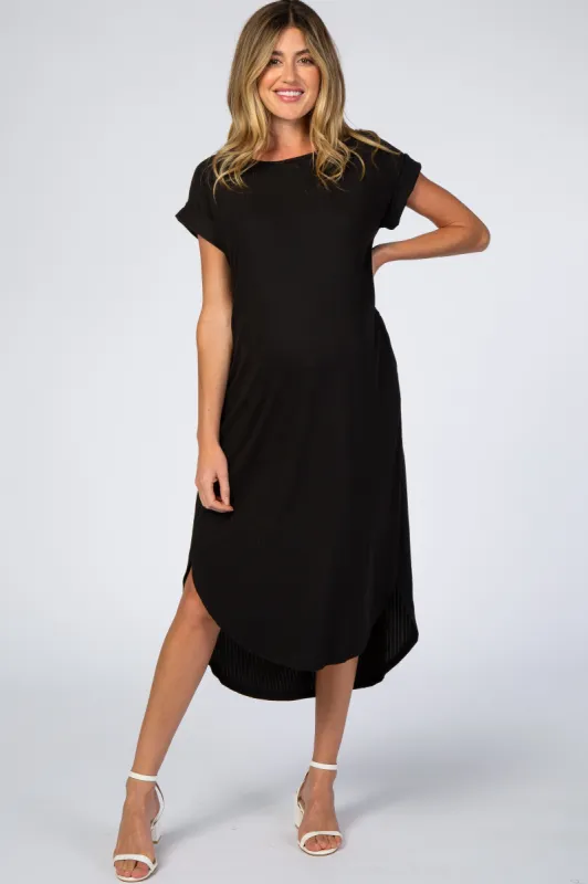 Black Ribbed Curved Hem Maternity Midi Dress sold by Pinkblush