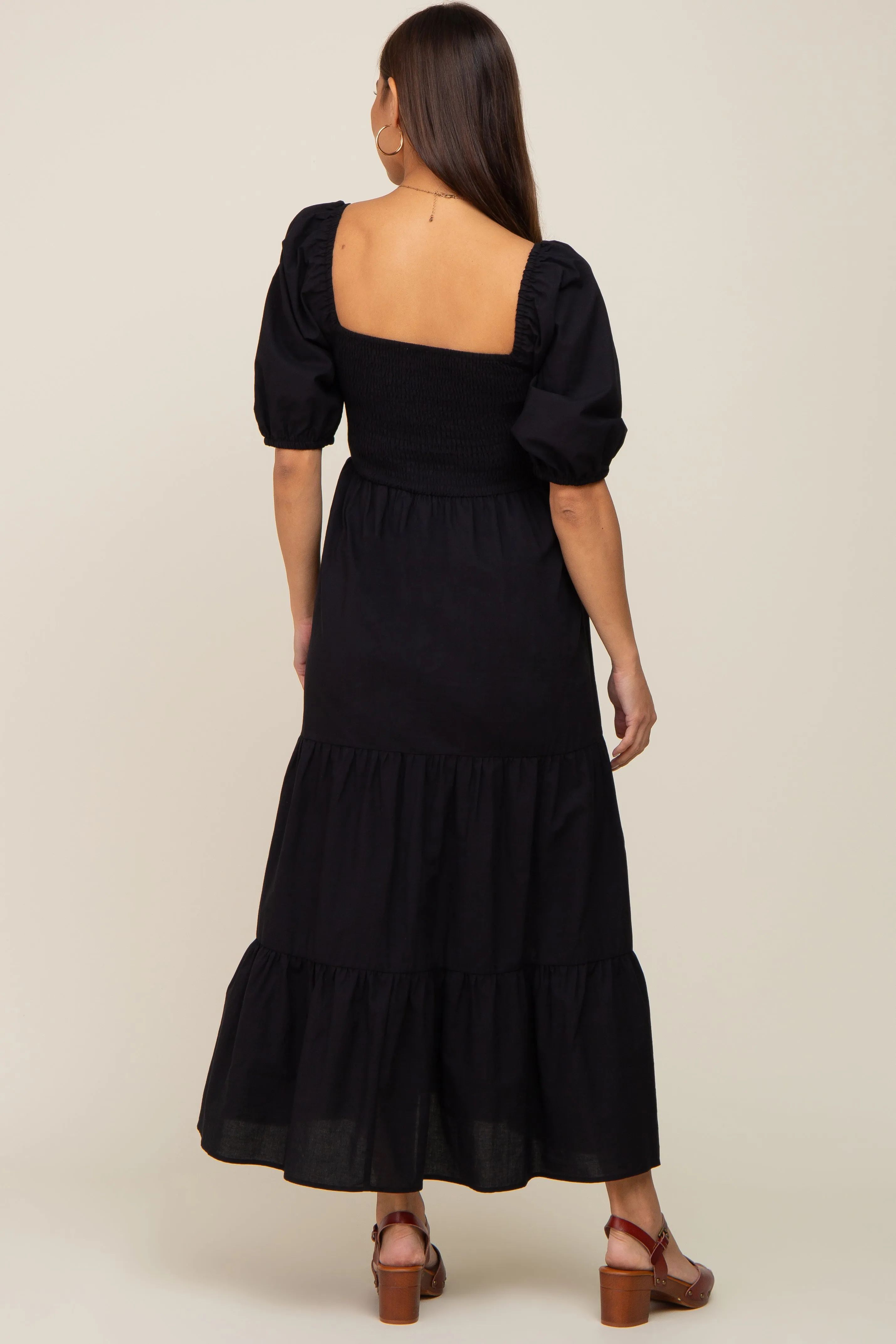 Black Square Neck Smocked Tiered Maternity Maxi Dress sold by Pinkblush product image thumbnail 3