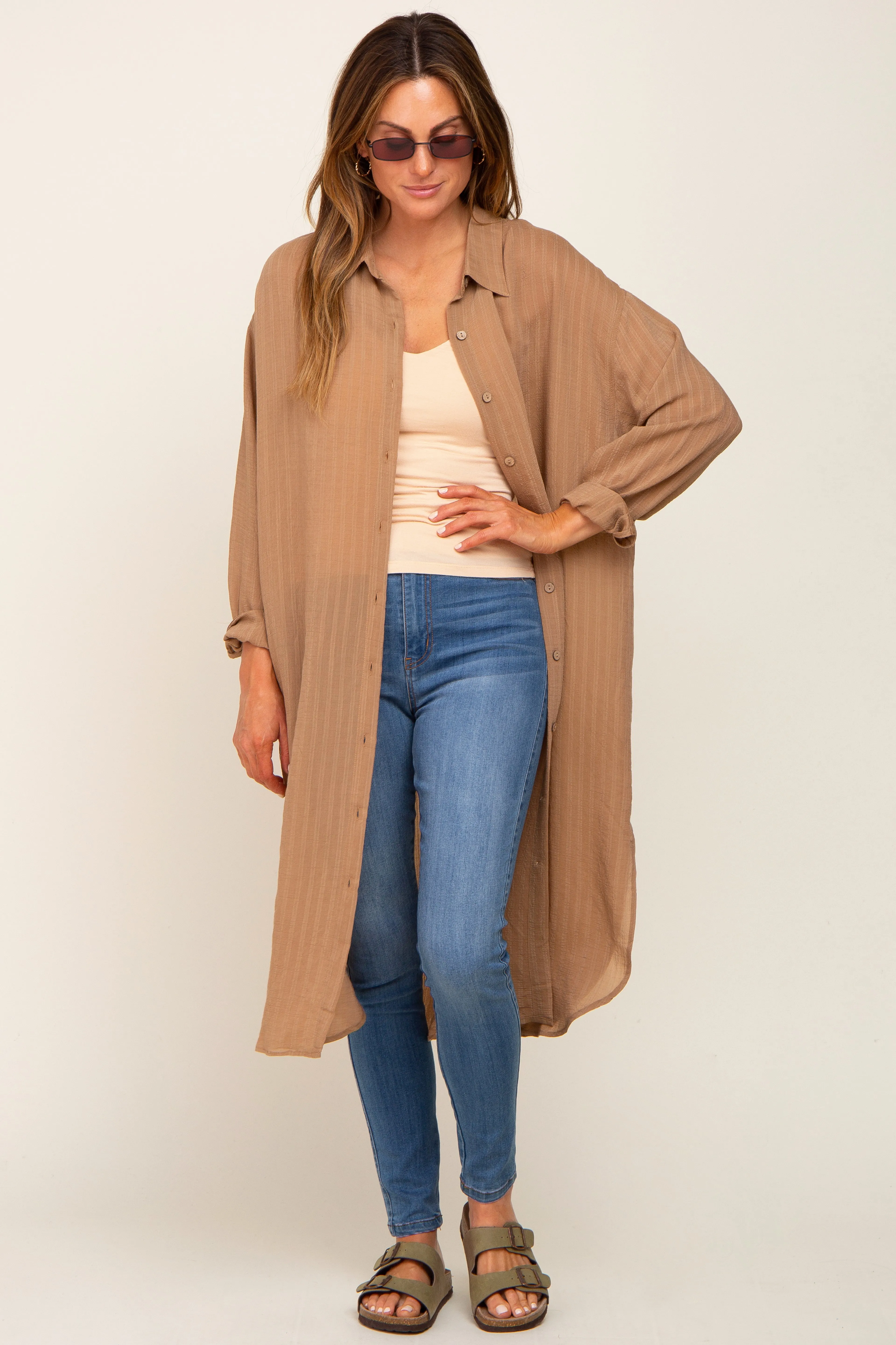 Taupe Striped Lightweight Button Down Top sold by Pinkblush product image thumbnail 4