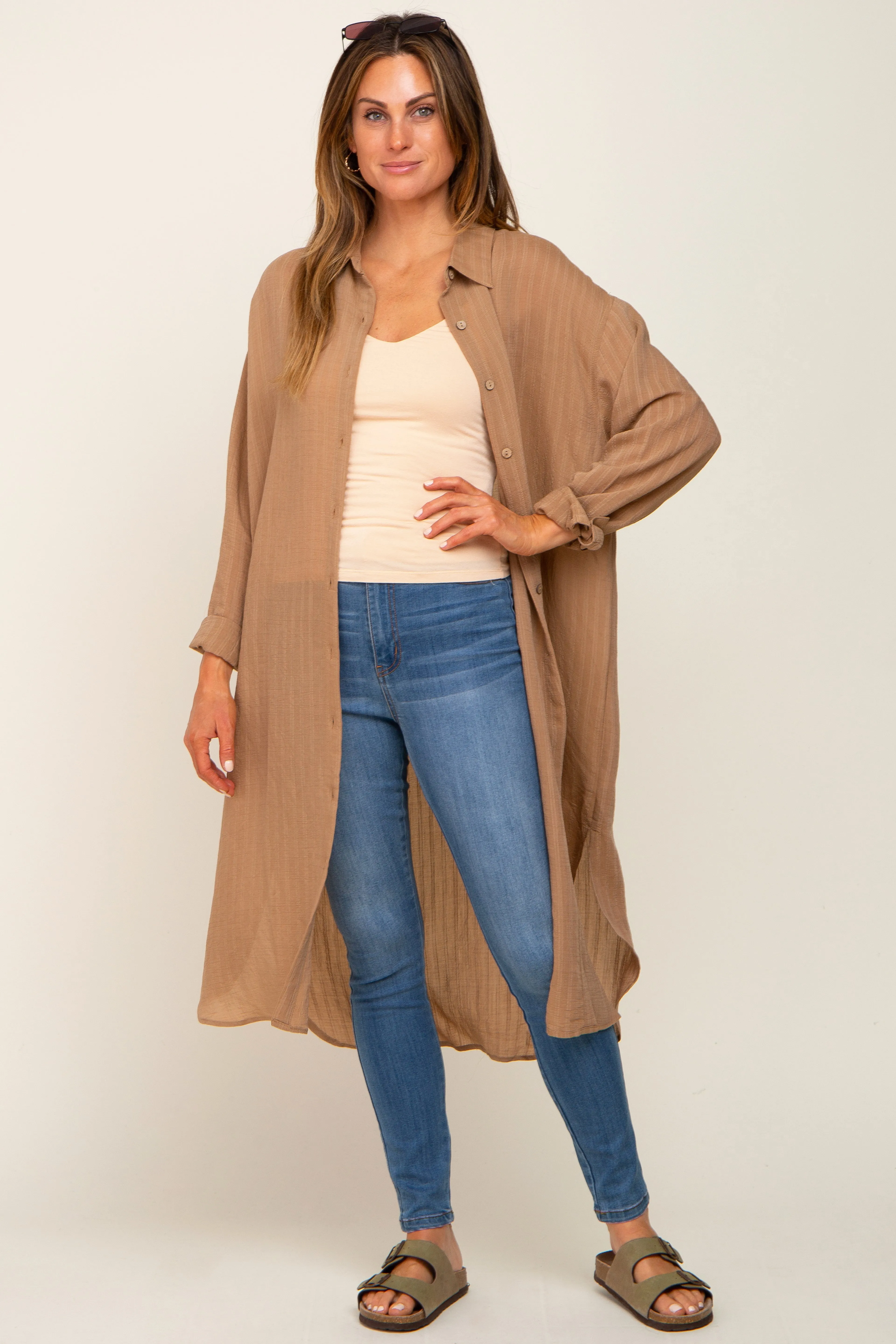 Taupe Striped Lightweight Button Down Top sold by Pinkblush