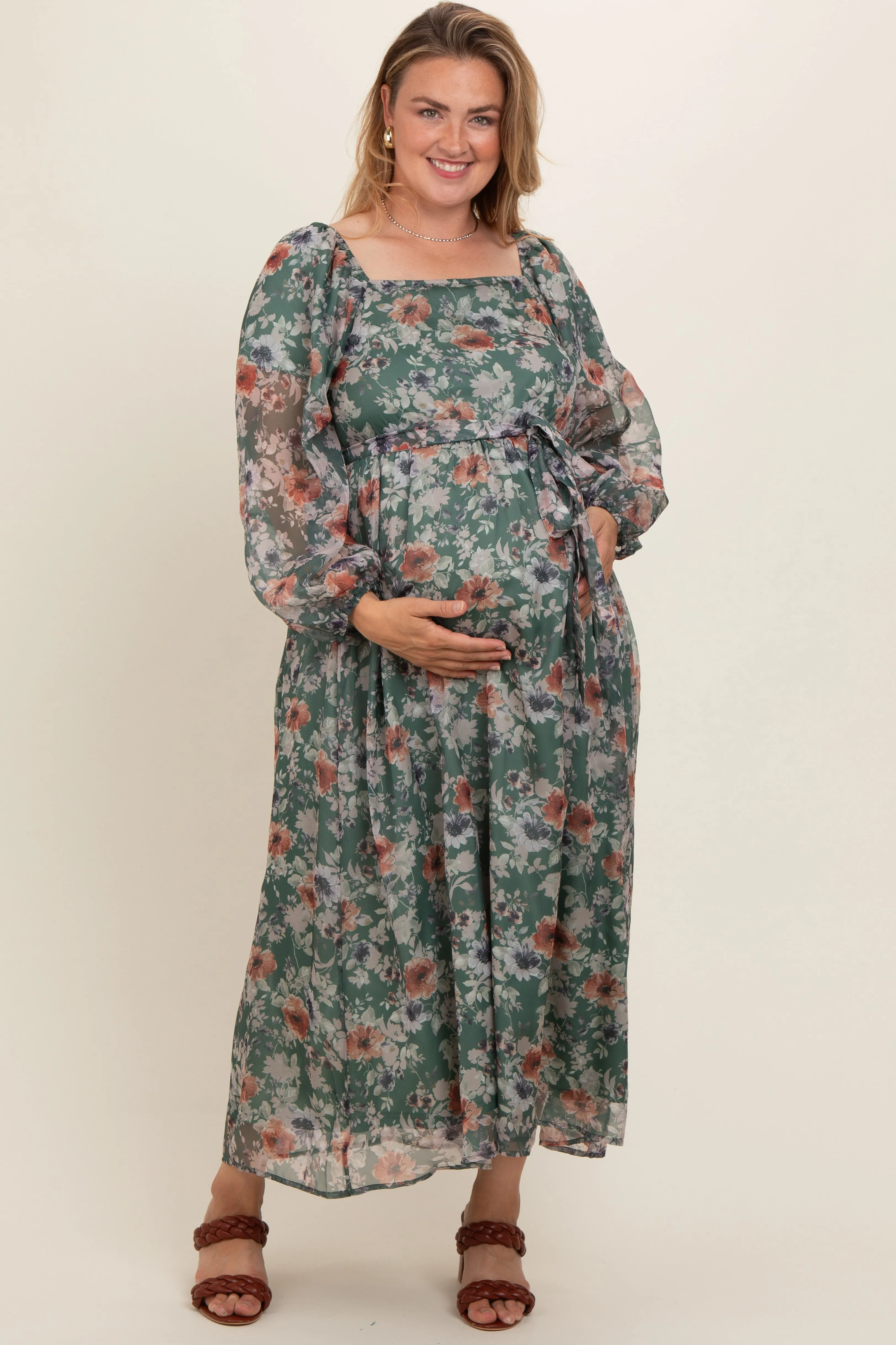 Light Olive Floral Long Sleeve Maternity Plus Maxi Dress sold by Pinkblush