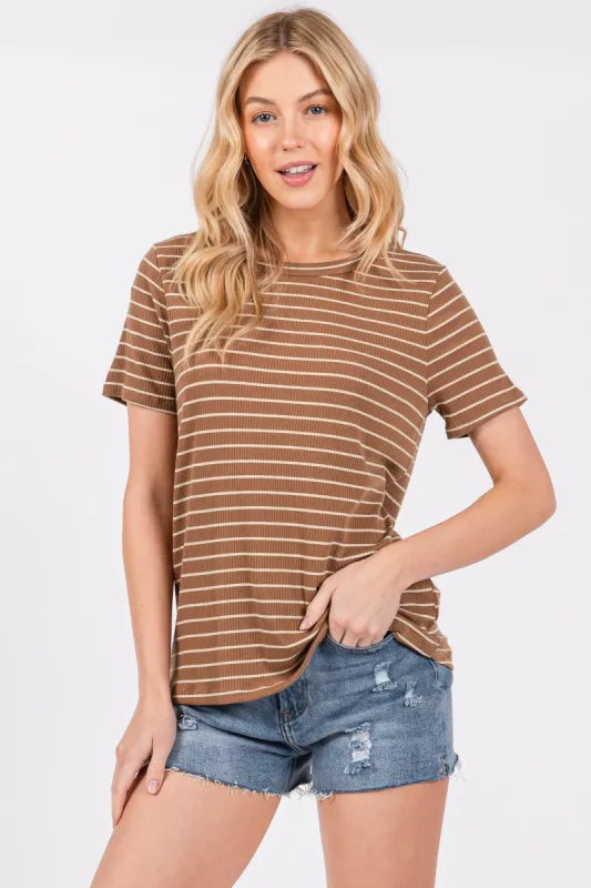 Brown Striped Short Sleeve Top sold by Pinkblush
