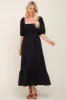 Black Square Neck Smocked Tiered Maternity Maxi Dress sold by Pinkblush