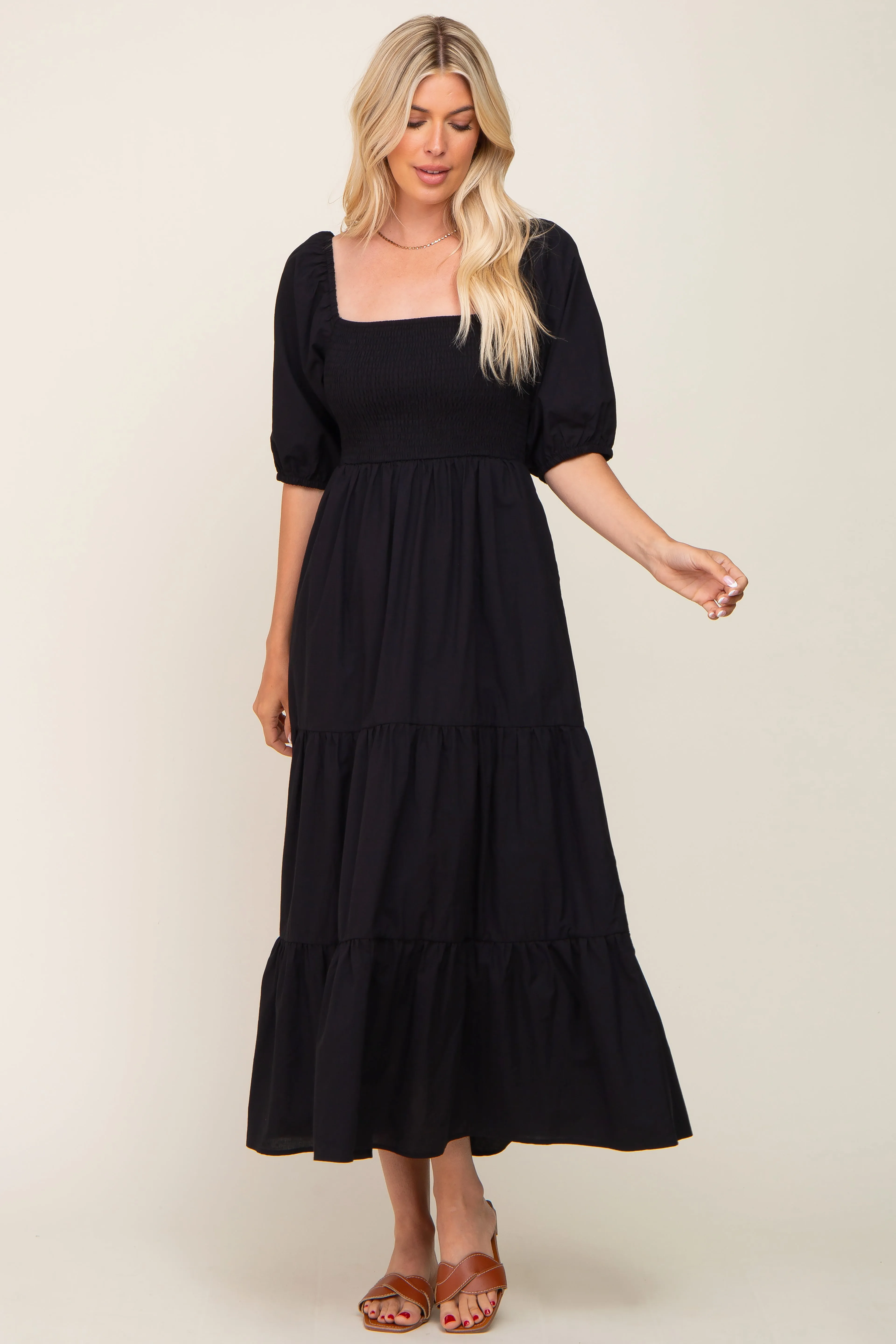 Black Square Neck Smocked Tiered Maternity Maxi Dress sold by Pinkblush product image thumbnail 4